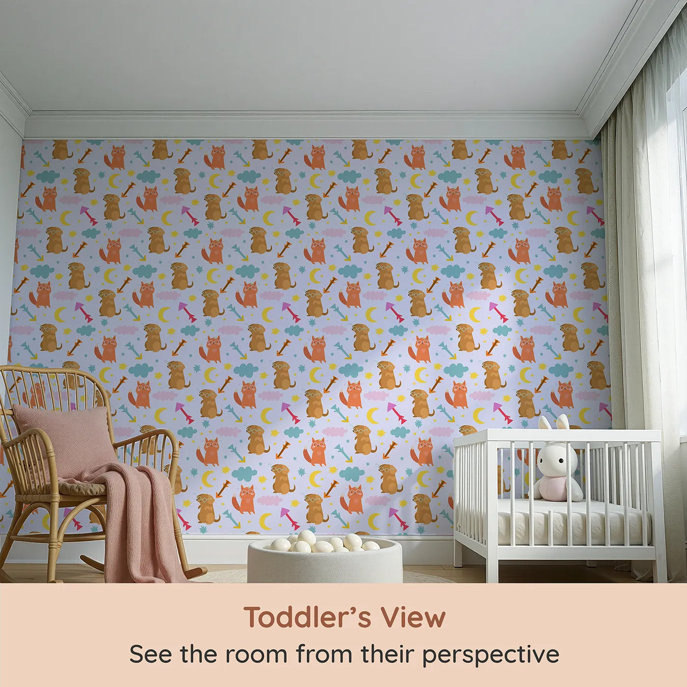 Whimsy Tots Arrow Pup and Foxy Night Parade Wallpaper in Lavender (W3164E) from your child's view.Clever foxes and sweet pups wander through a purple sky of whimsy.