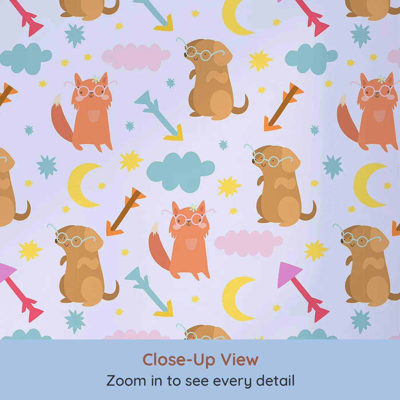 Close-up view of Whimsy Tots' Arrow Pup and Foxy Night Parade Wallpaper in Lavender (W3164E).Clever foxes and sweet pups wander through a purple sky of whimsy.