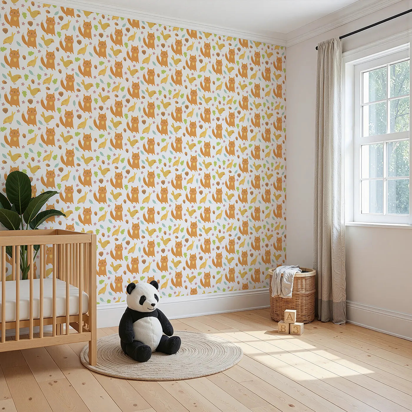 Angled view of Whimsy Tots' Fox and Finch Woodland Waltz Wallpaper in White (W3165A).Friendly foxes and golden birds dance through acorns and leaves.