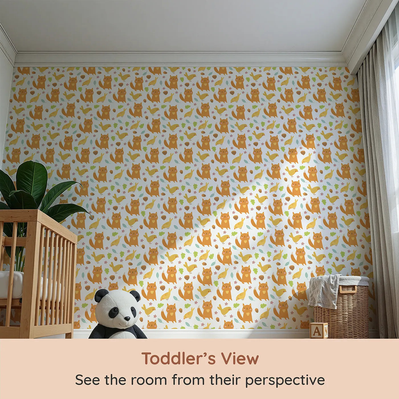 Whimsy Tots Fox and Finch Woodland Waltz Wallpaper in White (W3165A) from your child's view.Friendly foxes and golden birds dance through acorns and leaves.