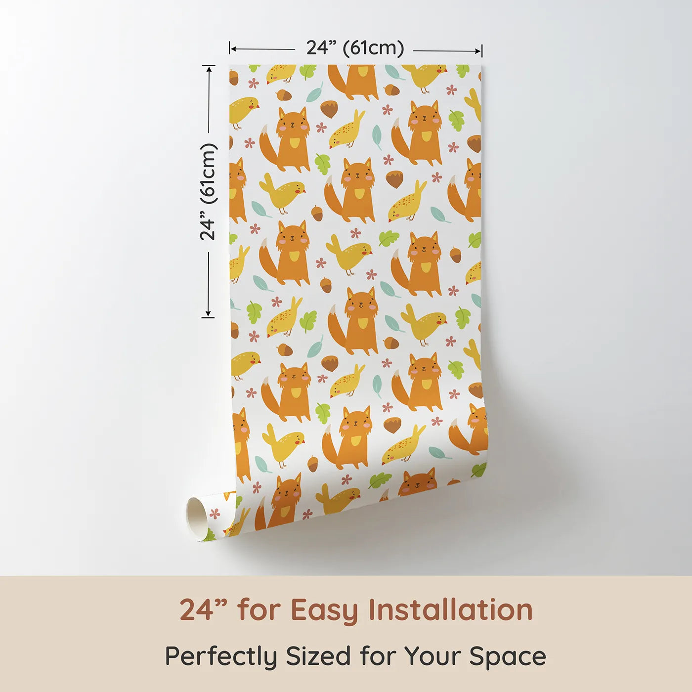 Dimension view of Whimsy Tots Fox and Finch Woodland Waltz Wallpaper in White (W3165A). Printed in 24-inch-wide panel for easy installation. Friendly foxes and golden birds dance through acorns and leaves.