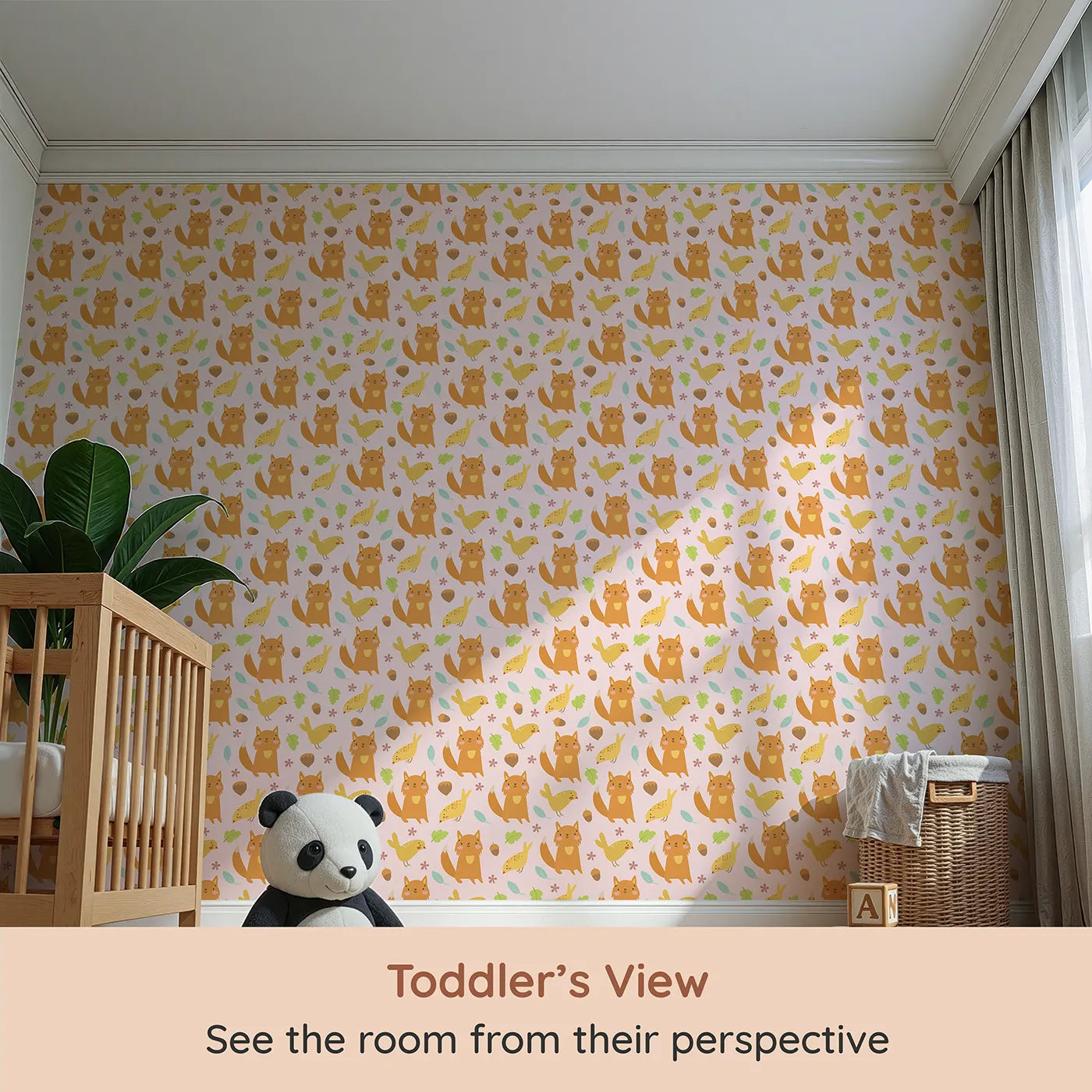 Whimsy Tots Fox and Finch Woodland Waltz Wallpaper in Blush Pink (W3165B) from your child's view.Warm foxes and finches play gently across a pink woodland meadow.
