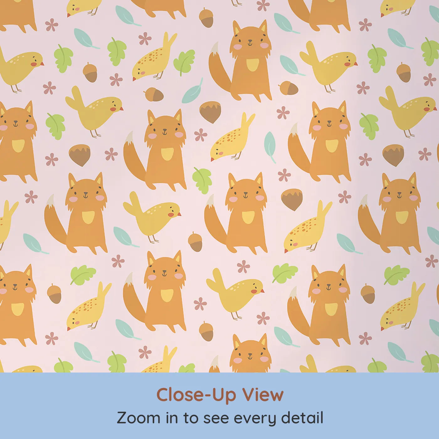Close-up view of Whimsy Tots' Fox and Finch Woodland Waltz Wallpaper in Blush Pink (W3165B).Warm foxes and finches play gently across a pink woodland meadow.