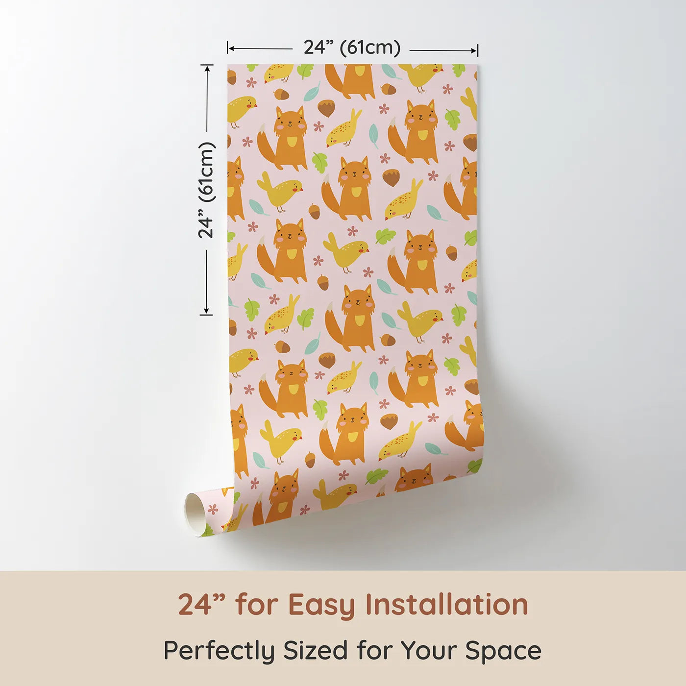 Dimension view of Whimsy Tots Fox and Finch Woodland Waltz Wallpaper in Blush Pink (W3165B). Printed in 24-inch-wide panel for easy installation. Warm foxes and finches play gently across a pink woodland meadow.