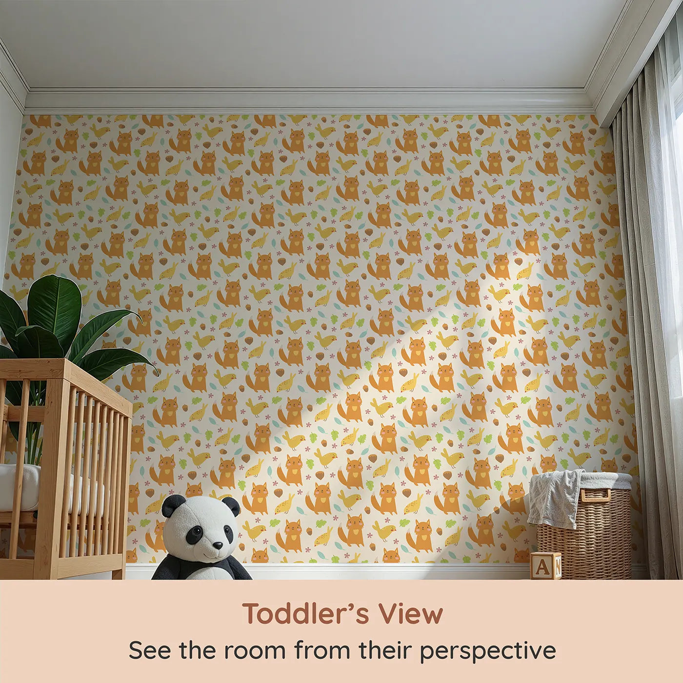 Whimsy Tots Fox and Finch Woodland Waltz Wallpaper in Sandstone (W3165C) from your child's view.Sweet foxes and golden finches wander through a warm forest floor.