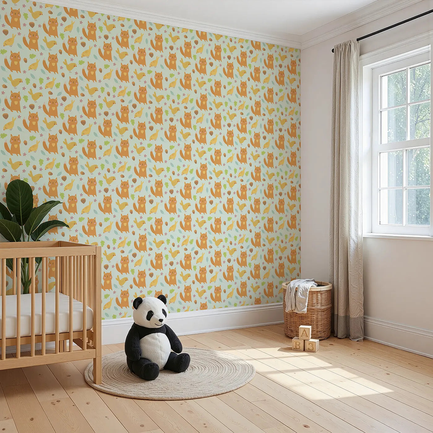 Angled view of Whimsy Tots' Fox and Finch Woodland Waltz Wallpaper in Mint Green (W3165D).Happy foxes and birds skip through leaves in a minty meadow.