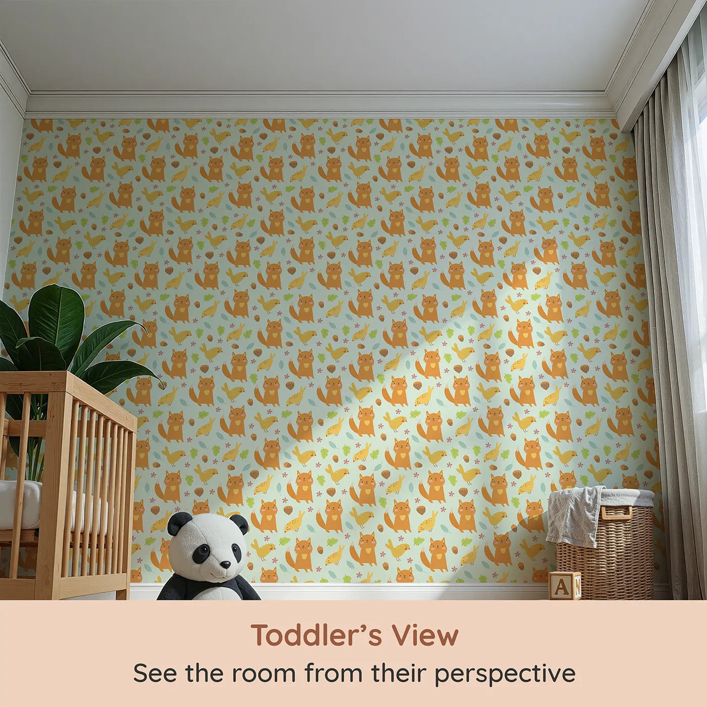 Whimsy Tots Fox and Finch Woodland Waltz Wallpaper in Mint Green (W3165D) from your child's view.Happy foxes and birds skip through leaves in a minty meadow.