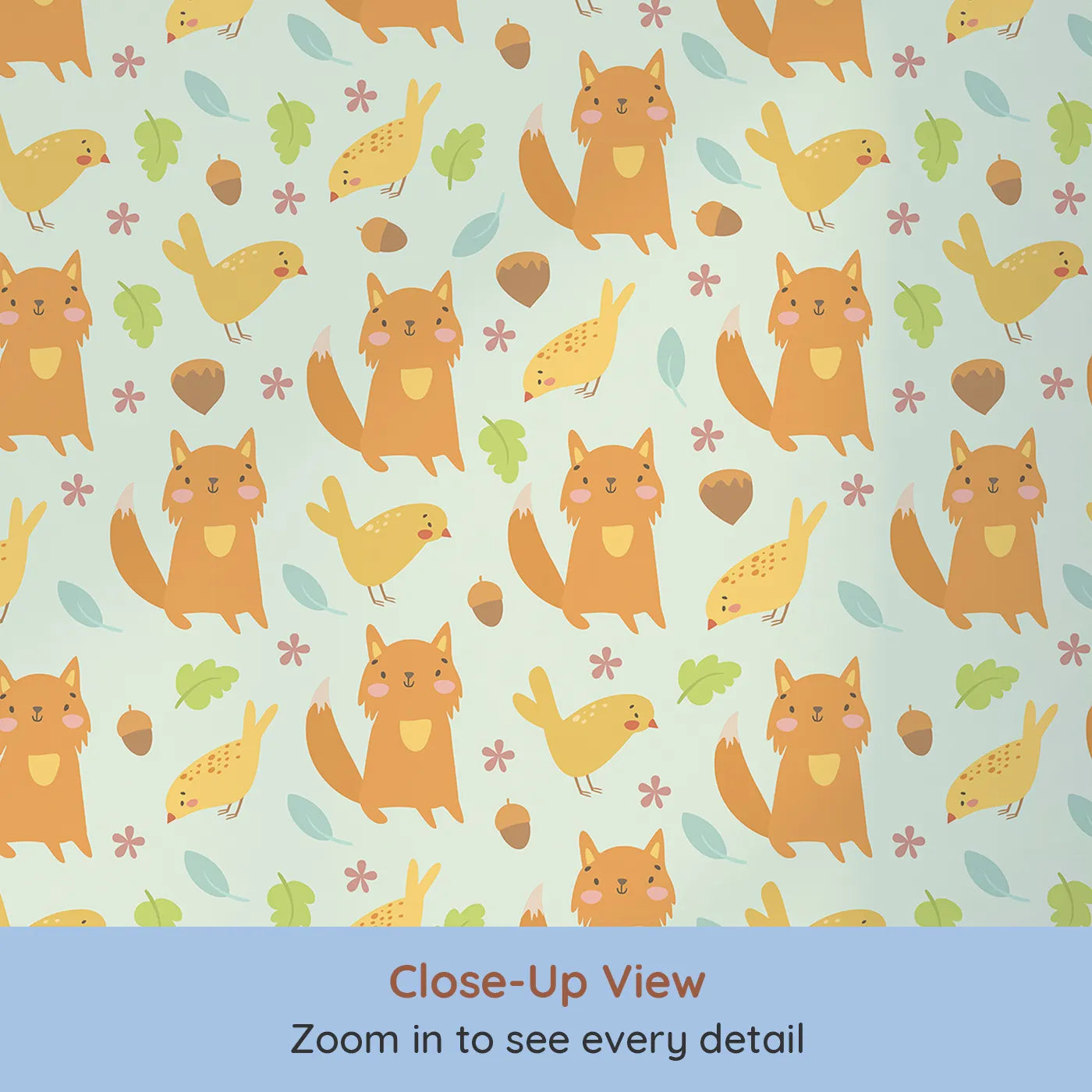 Close-up view of Whimsy Tots' Fox and Finch Woodland Waltz Wallpaper in Mint Green (W3165D).Happy foxes and birds skip through leaves in a minty meadow.