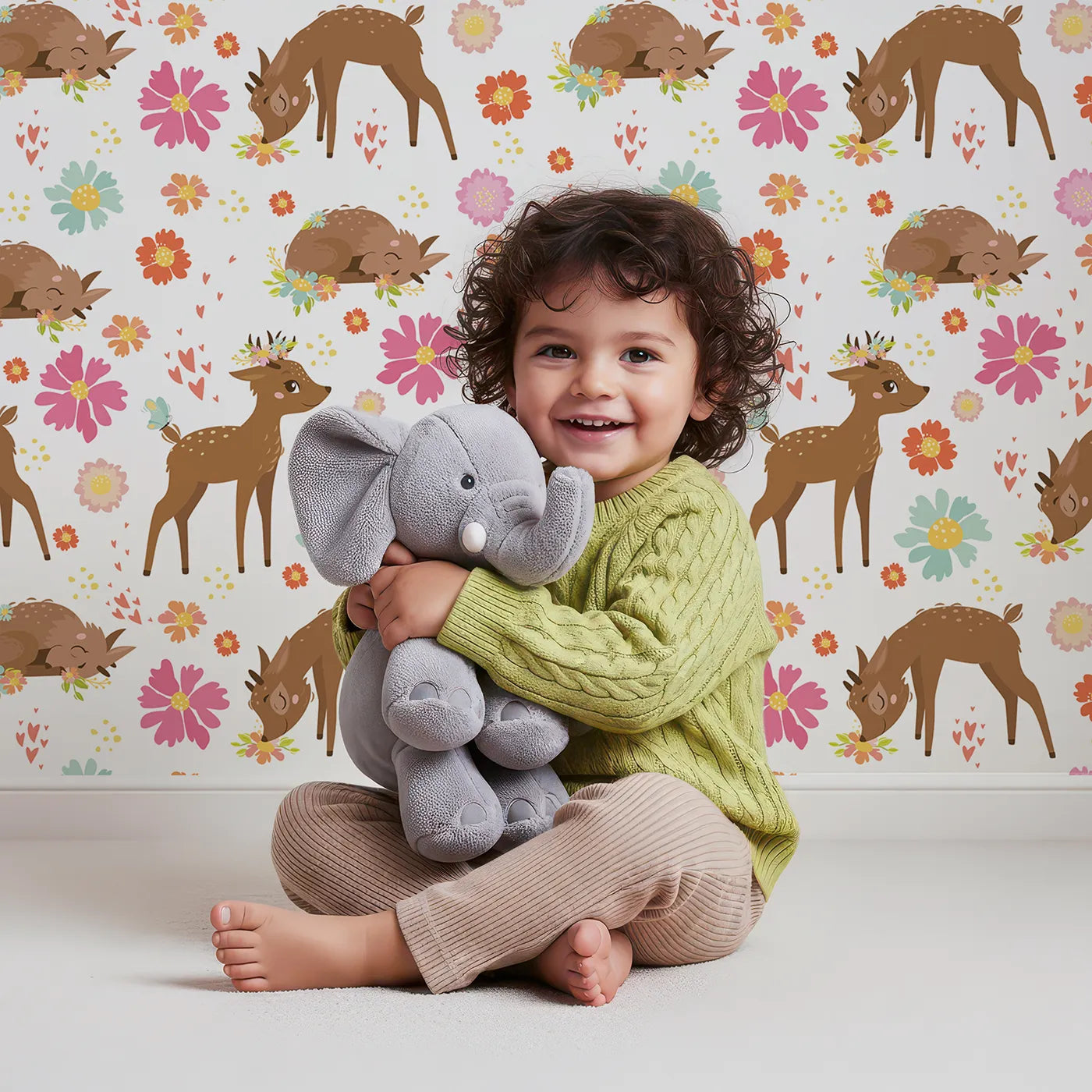 Lovely child standing in front of Whimsy Tots Blossom Meadow Deer Wallpaper in White with deer, flower, butterfly, heart in design.