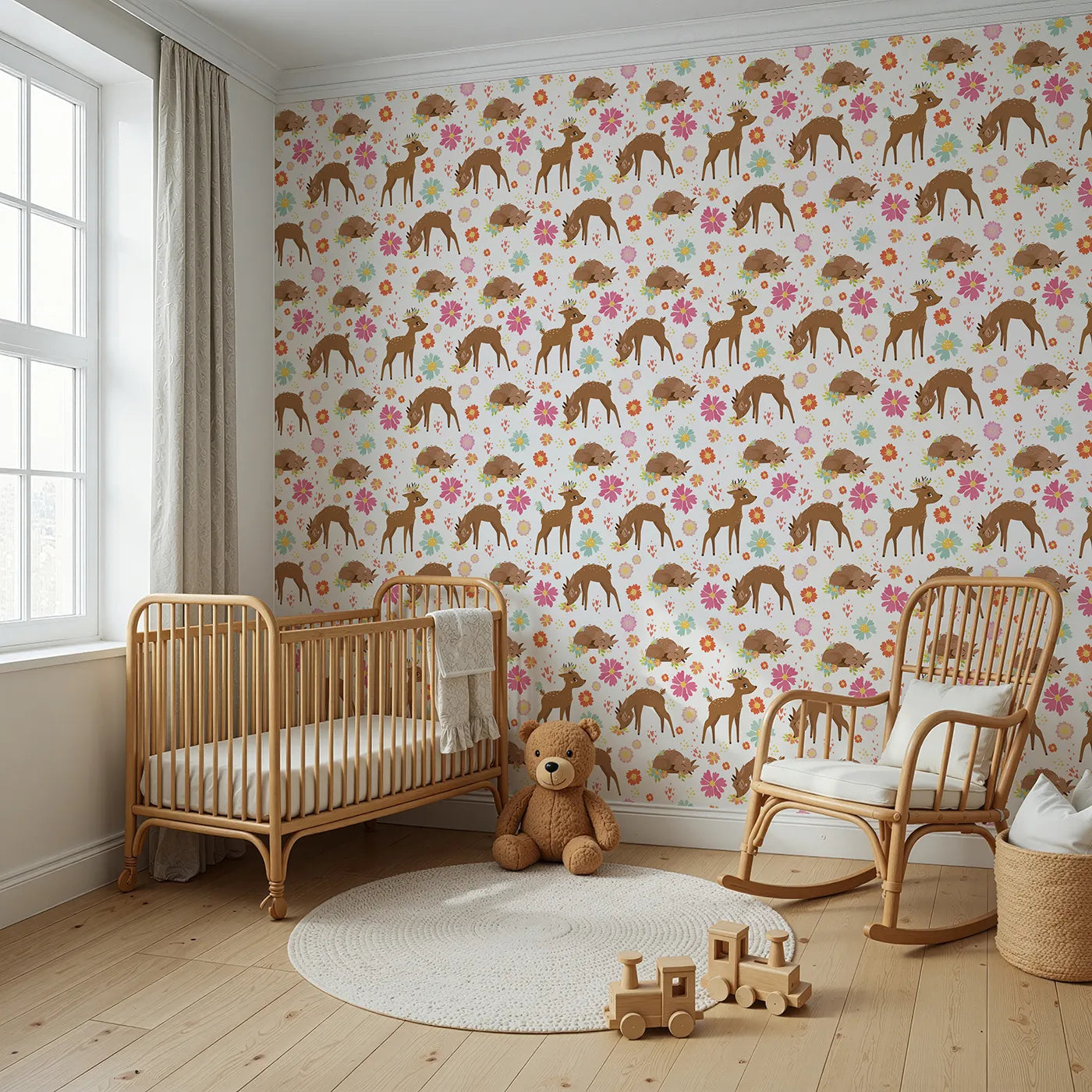 Angled view of Whimsy Tots' Blossom Meadow Deer Wallpaper in White (W3166A).Gentle fawns wander through meadows of flowers and hearts.