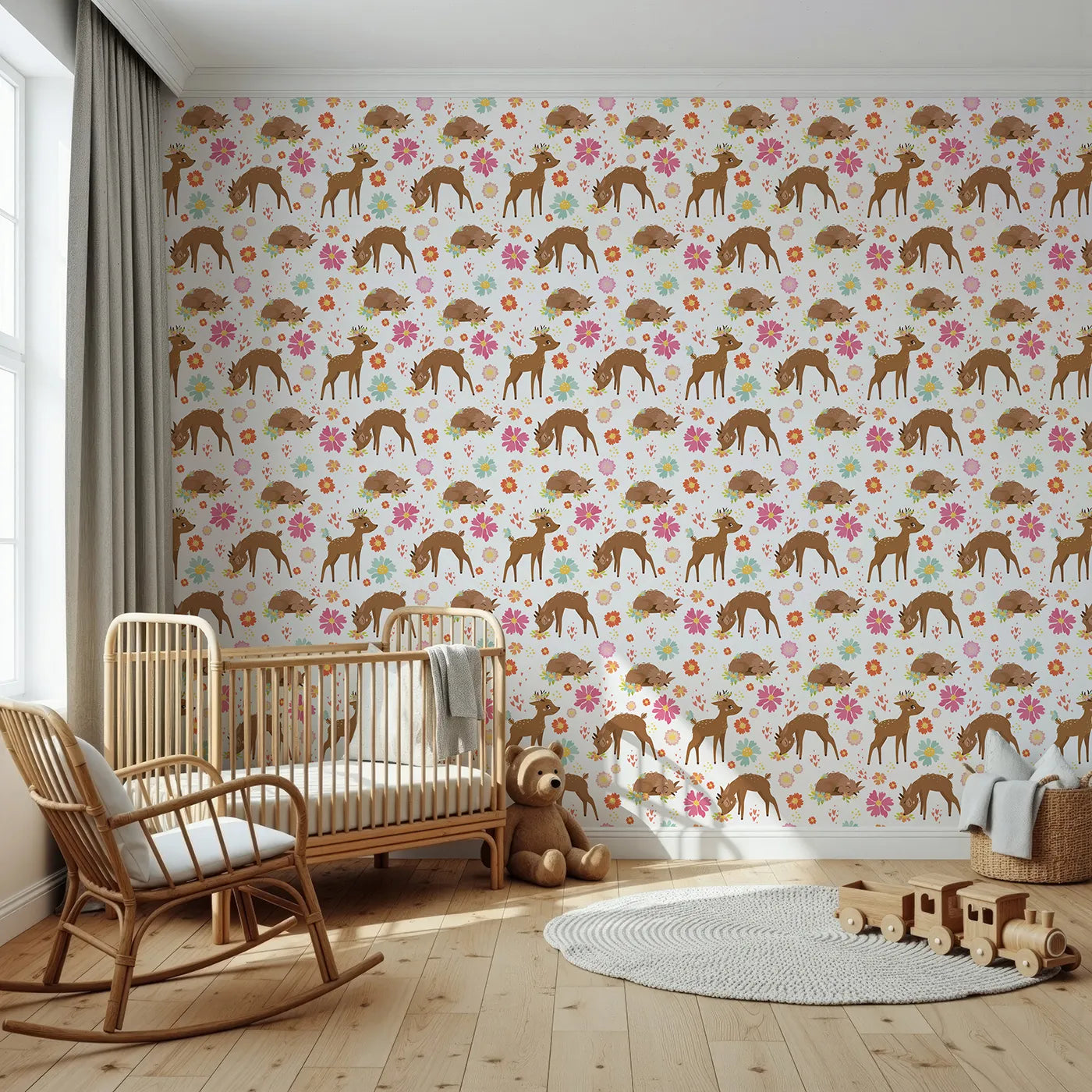 Front view of Whimsy Tots' Blossom Meadow Deer Wallpaper in White