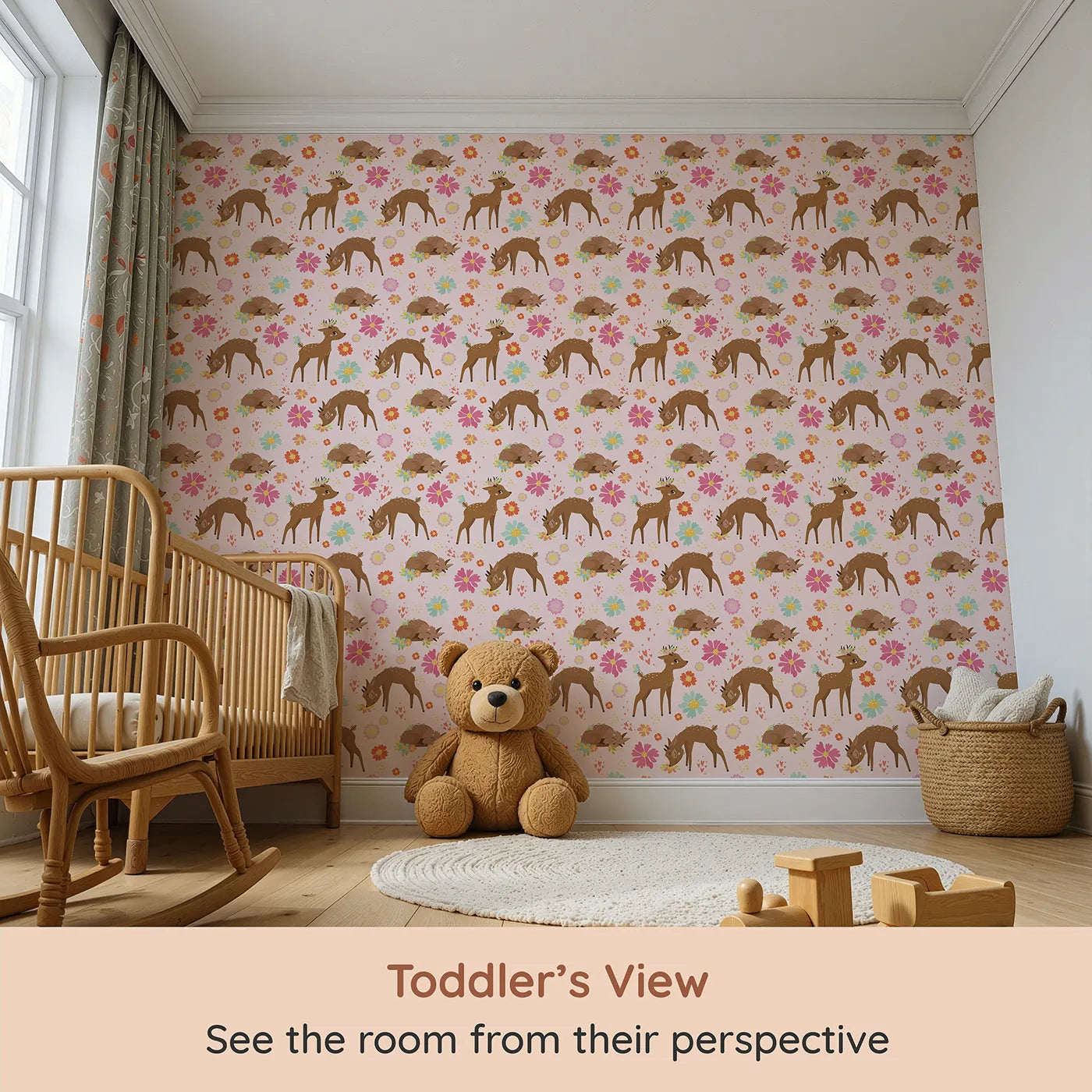 Whimsy Tots Blossom Meadow Deer Wallpaper in Blush Pink (W3166B) from your child's view.Gentle fawns wander through fields of pink blossoms and butterfly wishes.
