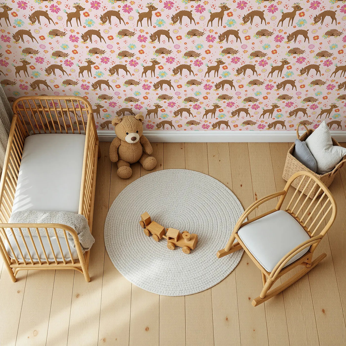 Top-Down view of Whimsy Tots' Blossom Meadow Deer Wallpaper in Blush Pink (W3166B).Gentle fawns wander through fields of pink blossoms and butterfly wishes.