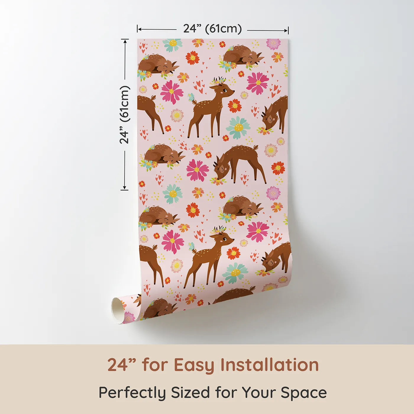Dimension view of Whimsy Tots Blossom Meadow Deer Wallpaper in Blush Pink (W3166B). Printed in 24-inch-wide panel for easy installation. Gentle fawns wander through fields of pink blossoms and butterfly wishes.