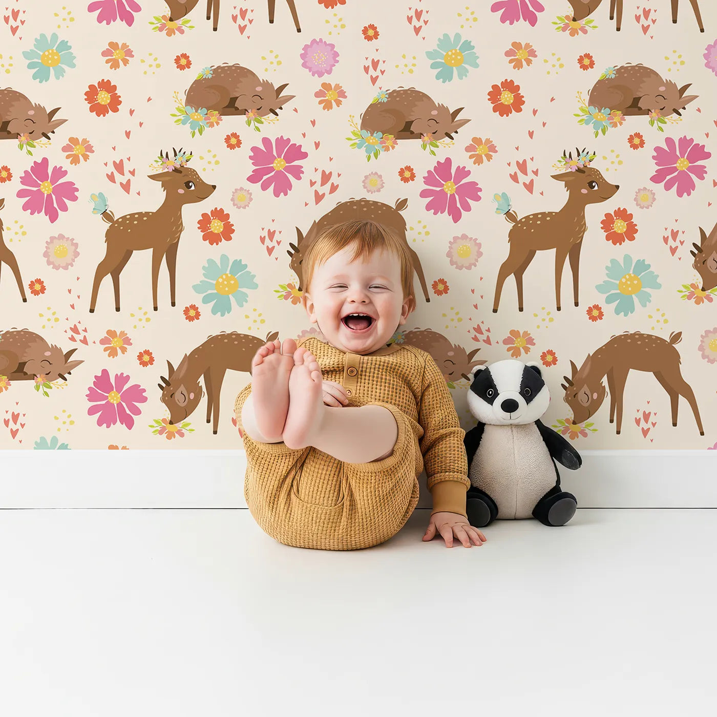 Lovely child standing in front of Whimsy Tots Blossom Meadow Deer Wallpaper in Cream with deer, flower, butterfly, heart in design.