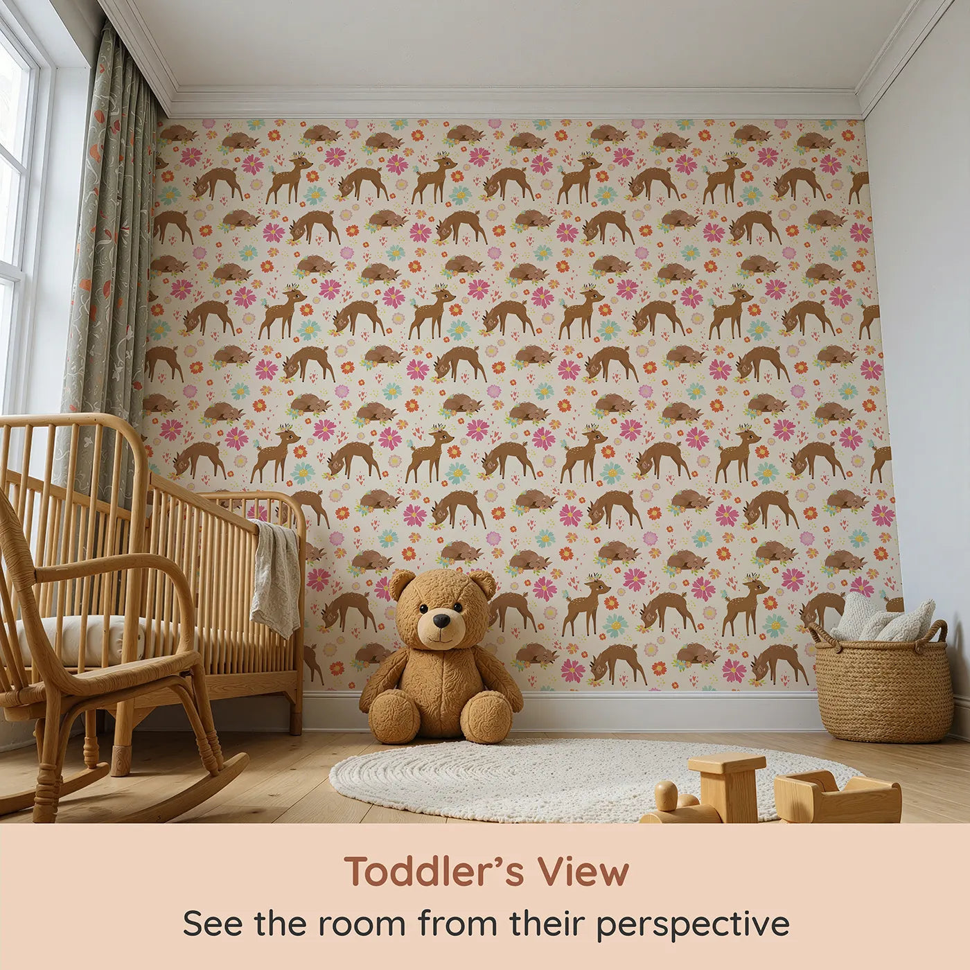 Whimsy Tots Blossom Meadow Deer Wallpaper in Cream (W3166C) from your child's view.Gentle fawns wander through cream-toned wildflower fields filled with love.