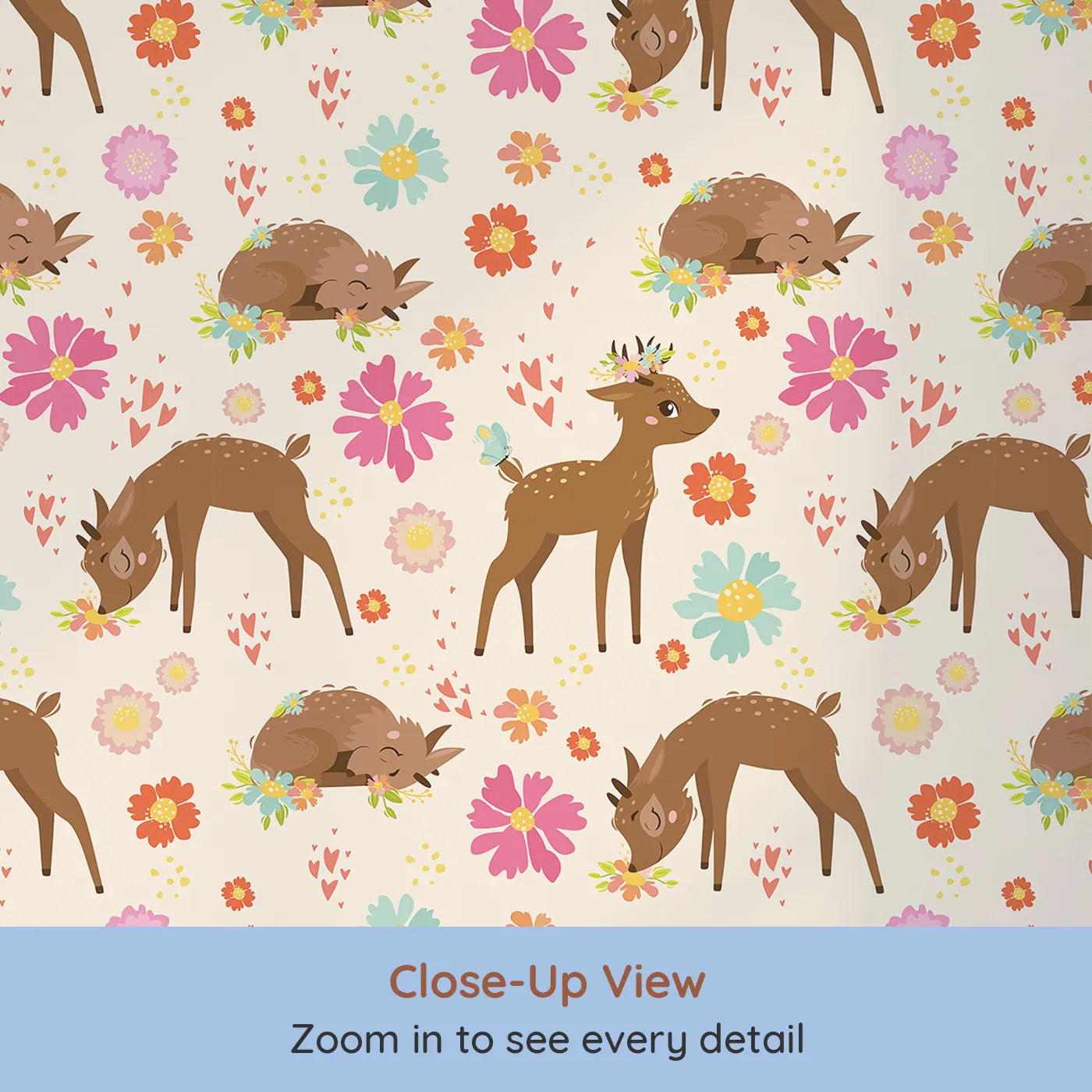 Close-up view of Whimsy Tots' Blossom Meadow Deer Wallpaper in Cream (W3166C).Gentle fawns wander through cream-toned wildflower fields filled with love.
