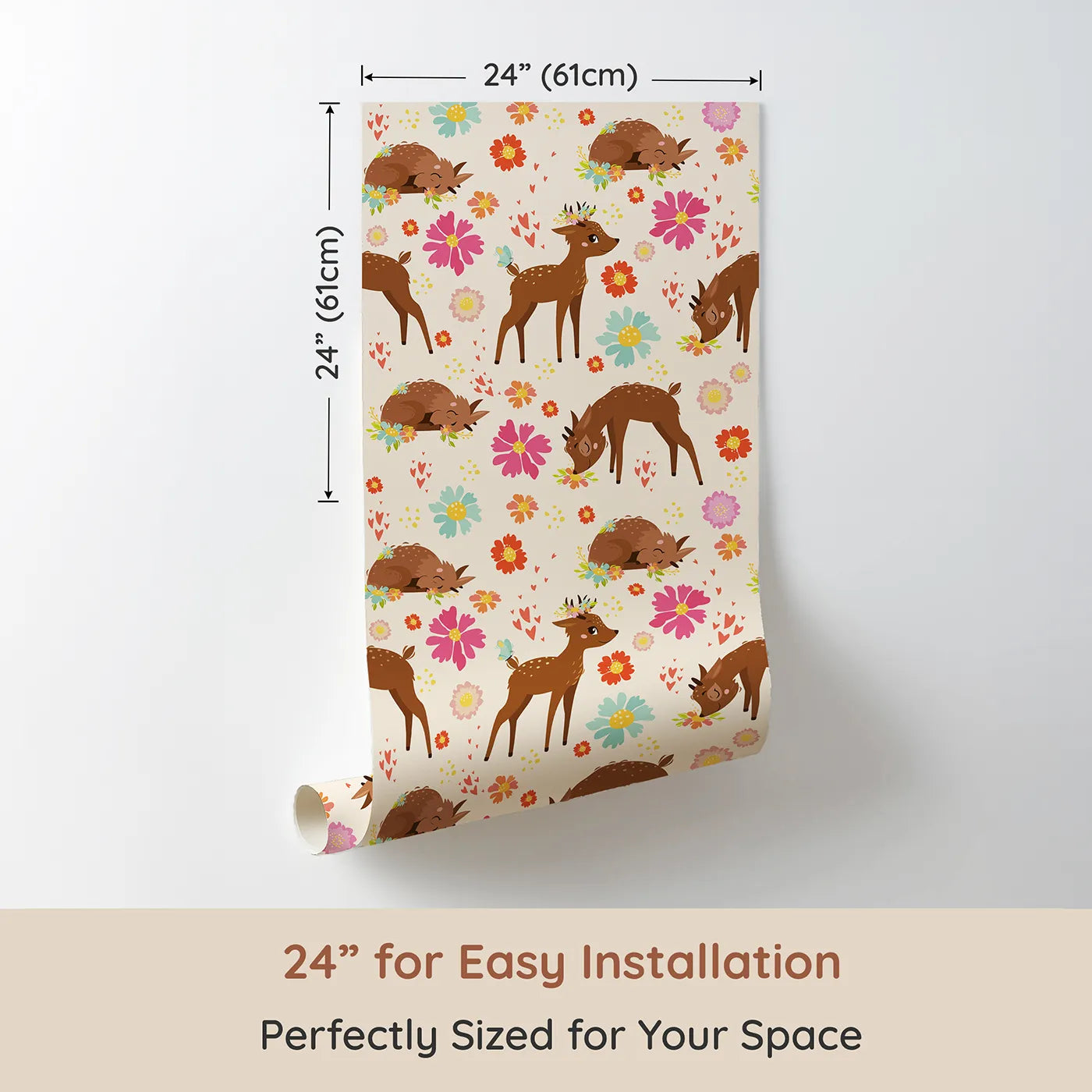 Dimension view of Whimsy Tots Blossom Meadow Deer Wallpaper in Cream (W3166C). Printed in 24-inch-wide panel for easy installation. Gentle fawns wander through cream-toned wildflower fields filled with love.