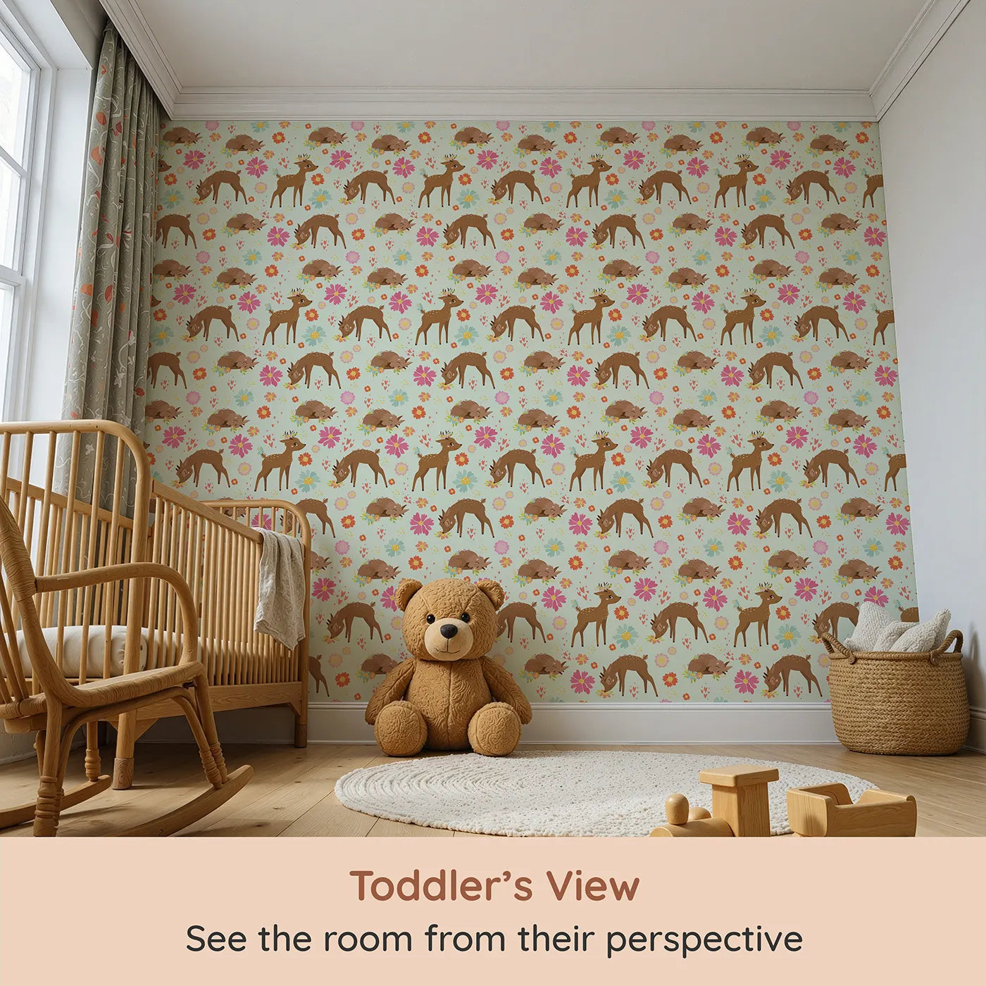 Whimsy Tots Blossom Meadow Deer Wallpaper in Mint Green (W3166D) from your child's view.Sweet fawns frolic through a mint-green meadow of hearts and flowers.