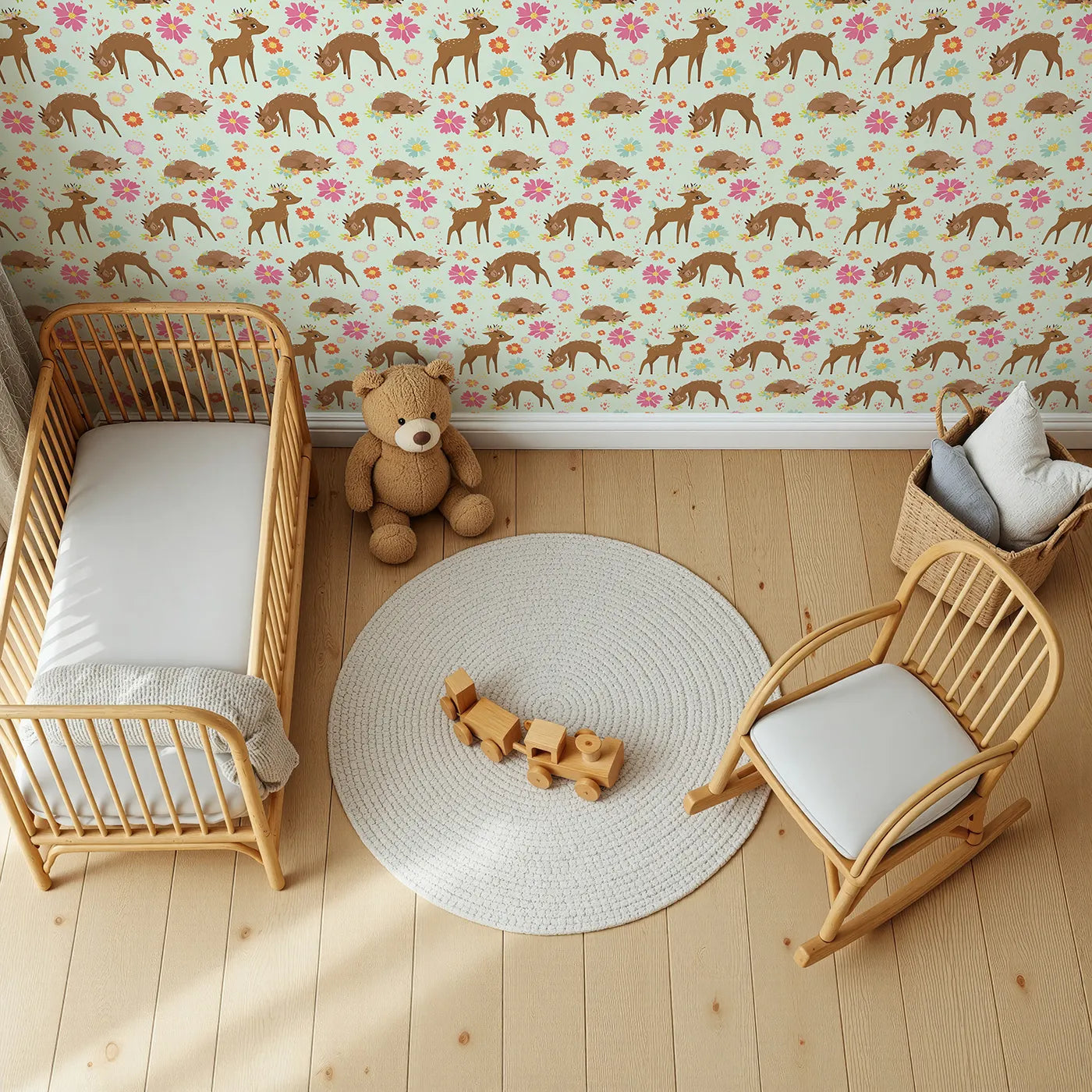 Top-Down view of Whimsy Tots' Blossom Meadow Deer Wallpaper in Mint Green (W3166D).Sweet fawns frolic through a mint-green meadow of hearts and flowers.