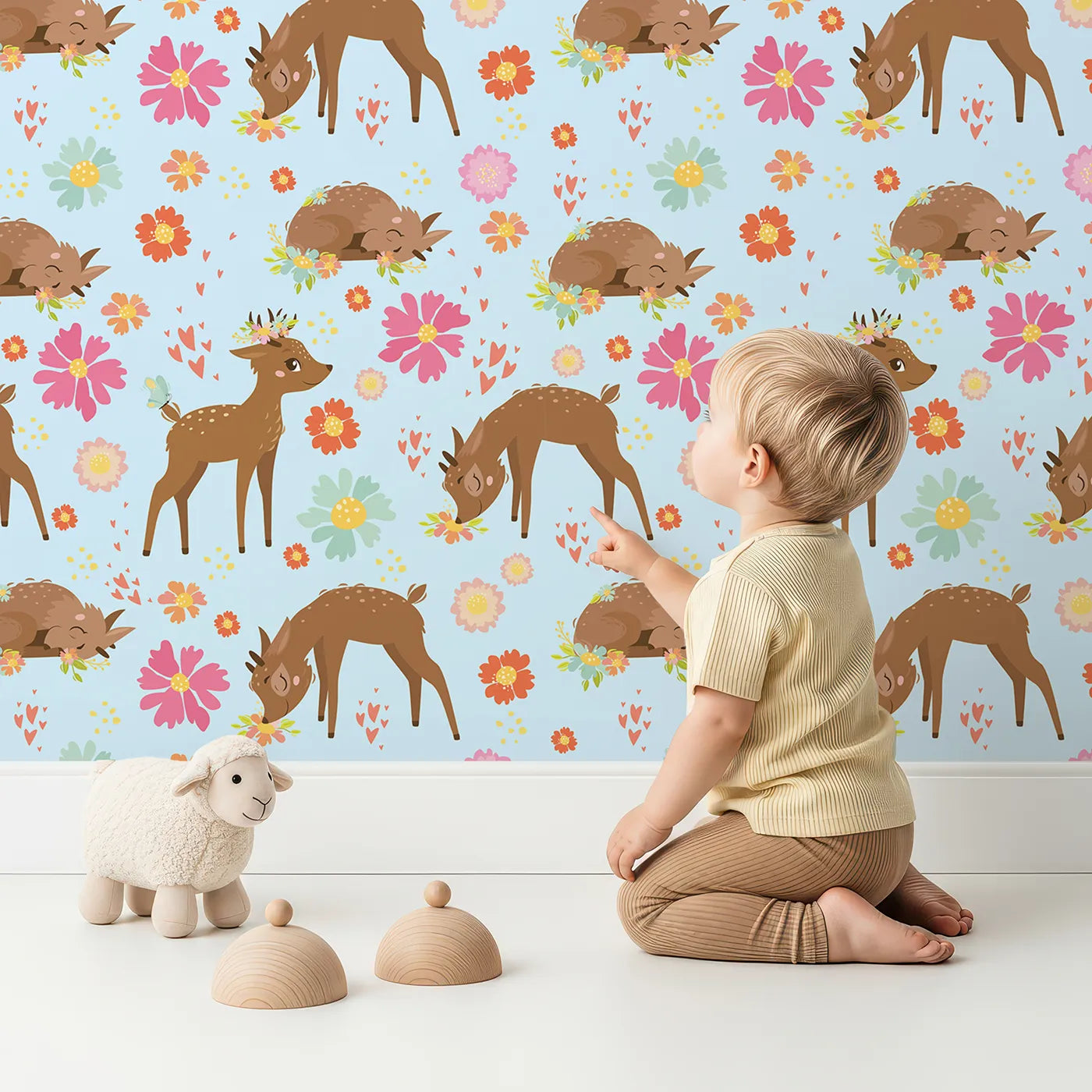 Lovely child standing in front of Whimsy Tots Blossom Meadow Deer Wallpaper in Blue with deer, flower, butterfly, heart in design.