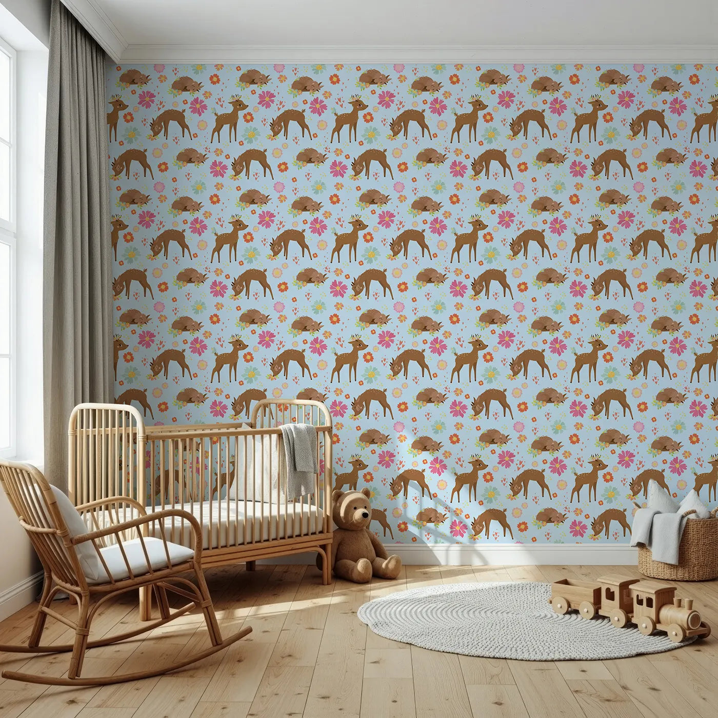 Front view of Whimsy Tots' Blossom Meadow Deer Wallpaper in Blue