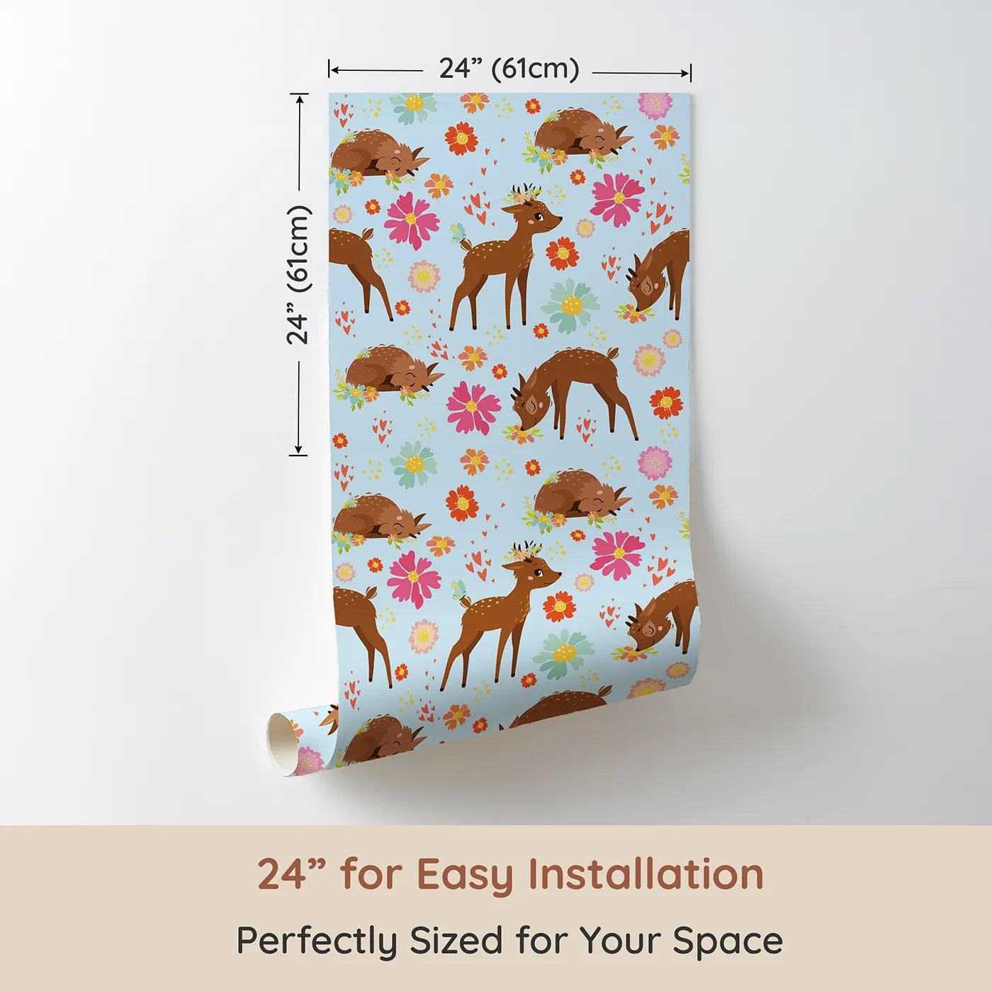 Dimension view of Whimsy Tots Blossom Meadow Deer Wallpaper in Blue (W3166E). Printed in 24-inch-wide panel for easy installation. Gentle fawns and colorful flowers bloom under a soft blue sky.