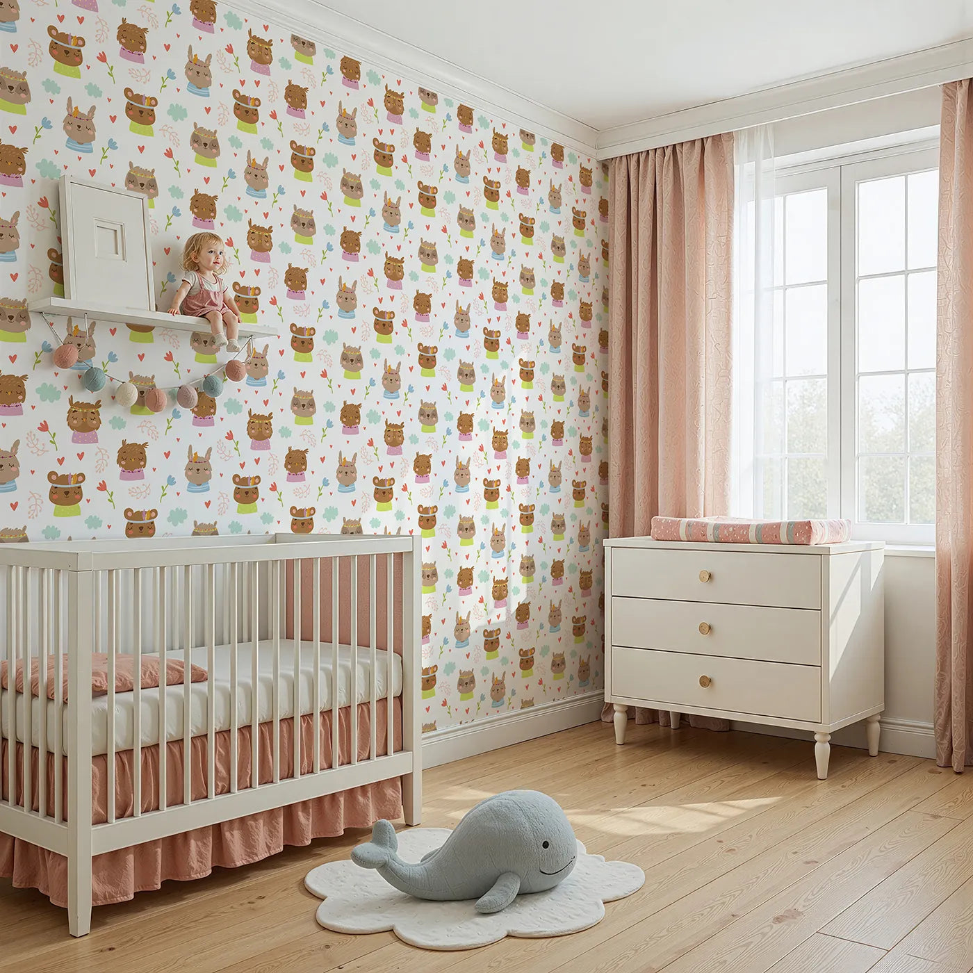 Angled view of Whimsy Tots' Heart Bloom Critters Wallpaper in White (W3167A).Sweet animals, hearts and blooms share gentle smiles.