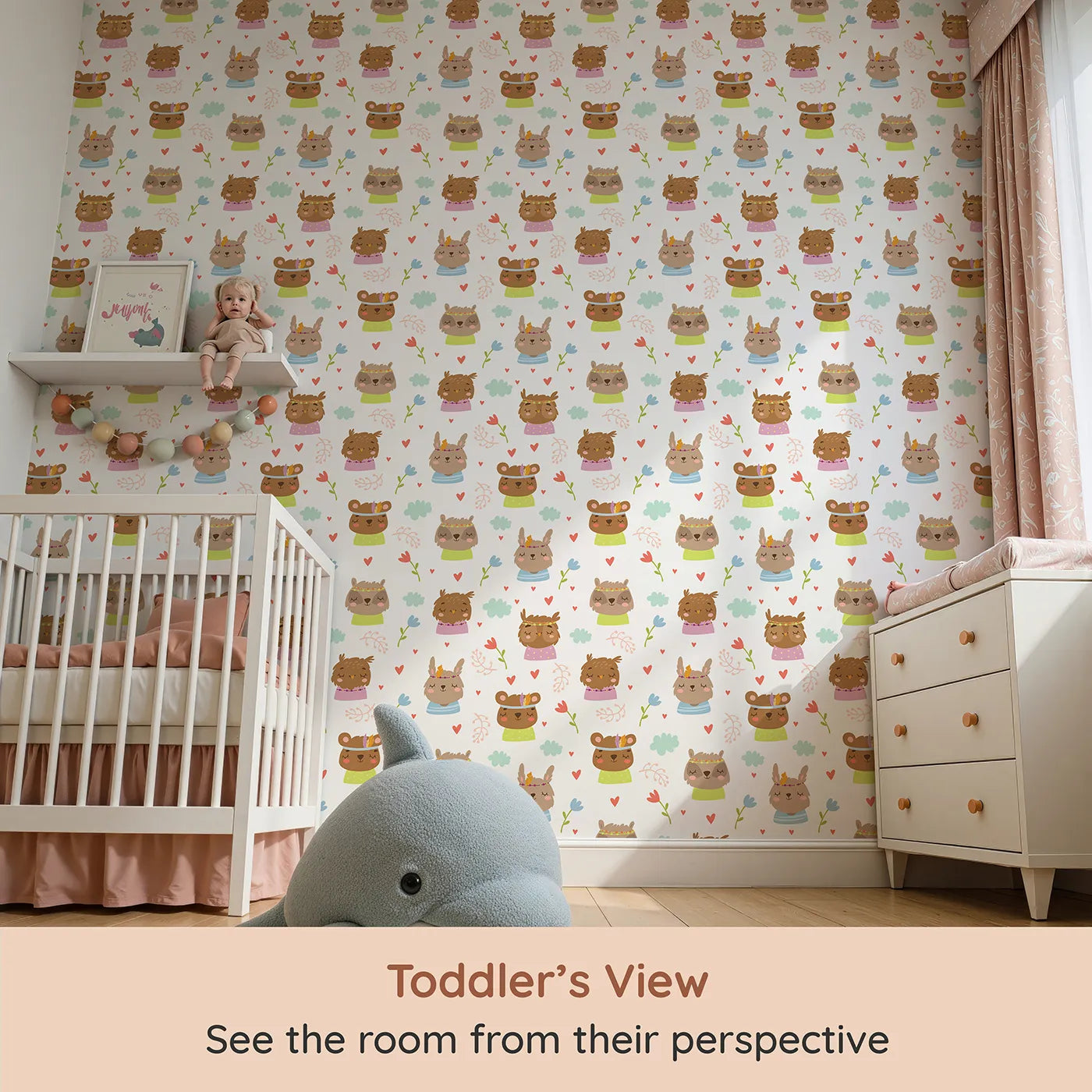 Whimsy Tots Heart Bloom Critters Wallpaper in White (W3167A) from your child's view.Sweet animals, hearts and blooms share gentle smiles.
