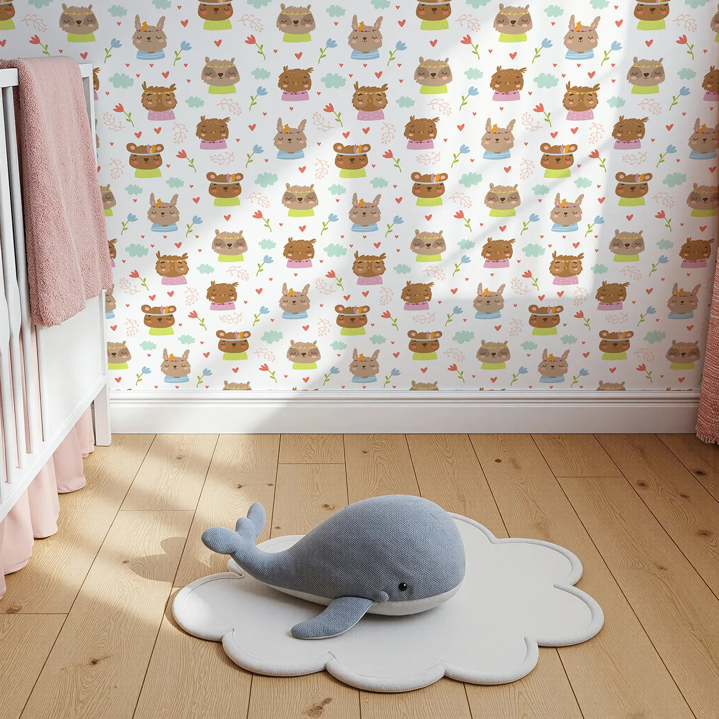 Top-Down view of Whimsy Tots' Heart Bloom Critters Wallpaper in White (W3167A).Sweet animals, hearts and blooms share gentle smiles.