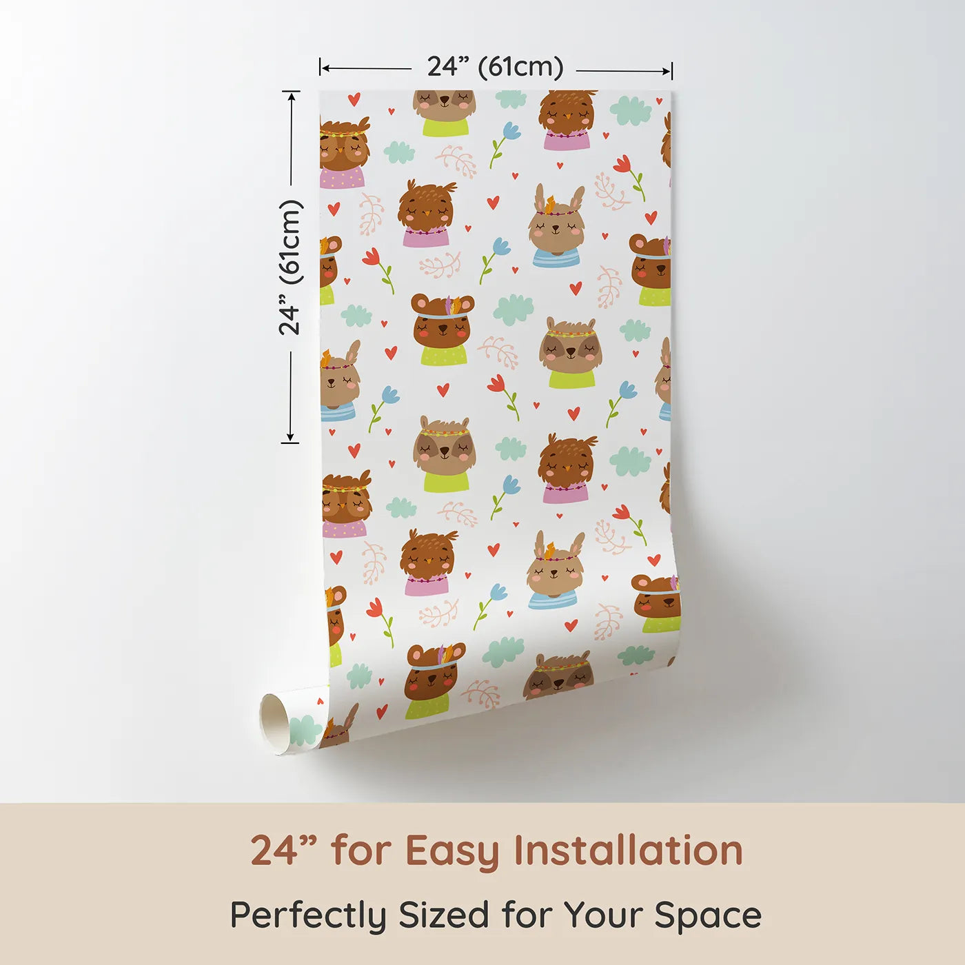 Dimension view of Whimsy Tots Heart Bloom Critters Wallpaper in White (W3167A). Printed in 24-inch-wide panel for easy installation. Sweet animals, hearts and blooms share gentle smiles.