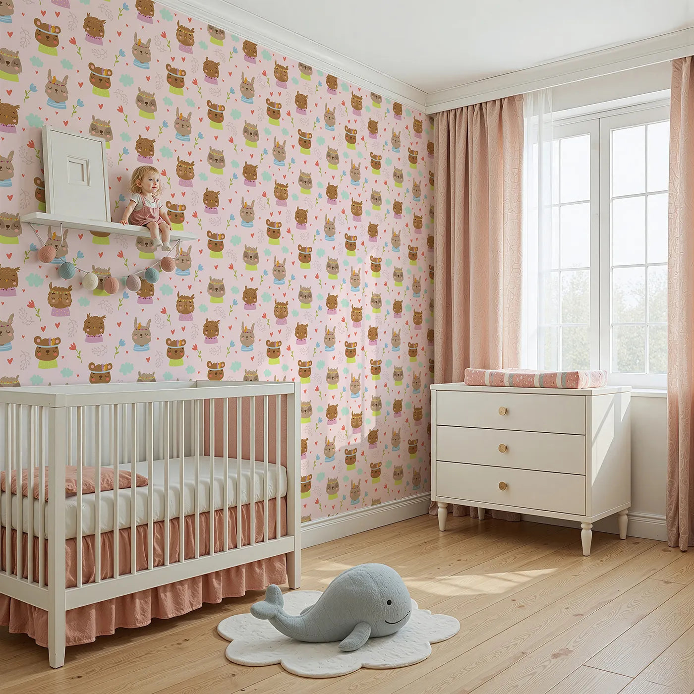 Angled view of Whimsy Tots' Heart Bloom Critters Wallpaper in Blush Pink (W3167B).Sweet animals, hearts and blooms share gentle smiles.