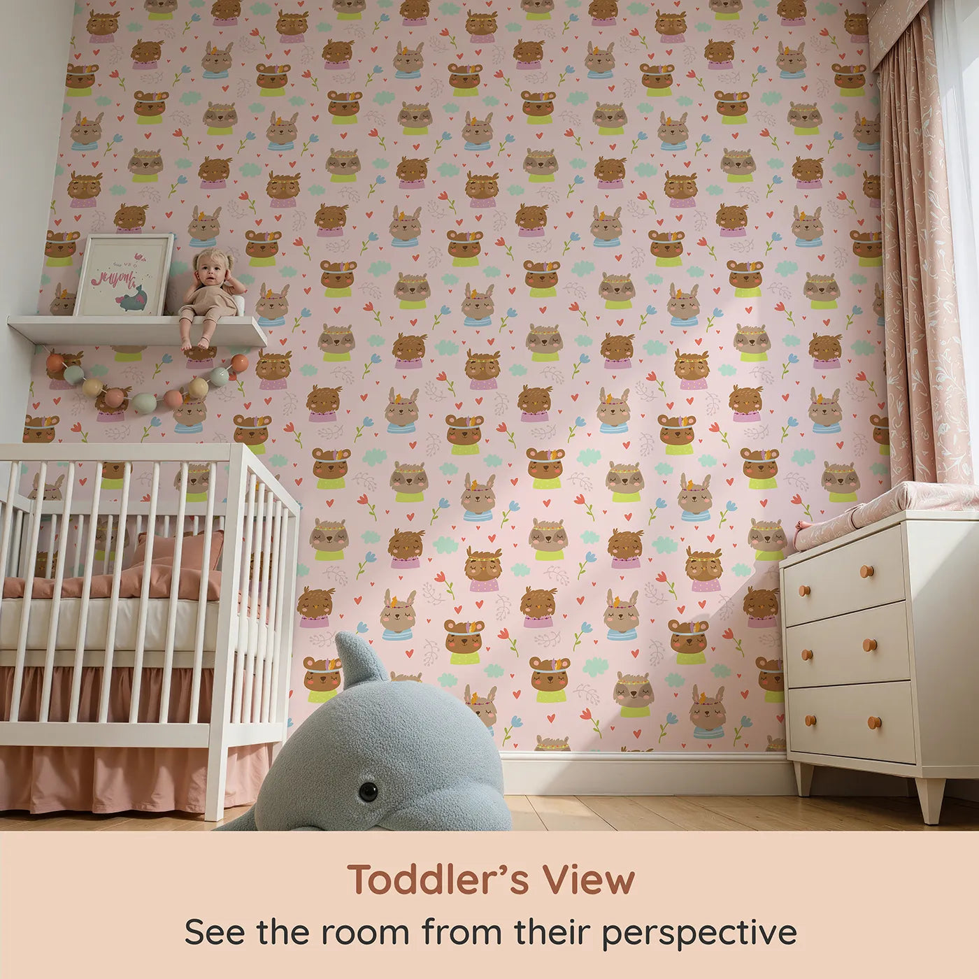 Whimsy Tots Heart Bloom Critters Wallpaper in Blush Pink (W3167B) from your child's view.Sweet animals, hearts and blooms share gentle smiles.