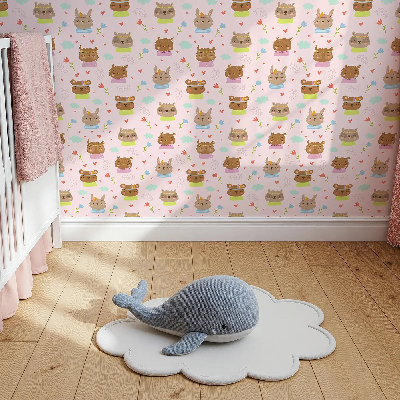 Top-Down view of Whimsy Tots' Heart Bloom Critters Wallpaper in Blush Pink (W3167B).Sweet animals, hearts and blooms share gentle smiles.