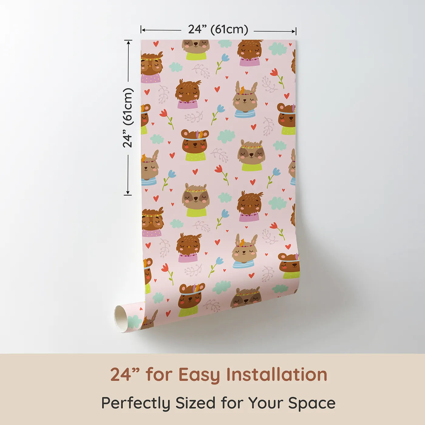 Dimension view of Whimsy Tots Heart Bloom Critters Wallpaper in Blush Pink (W3167B). Printed in 24-inch-wide panel for easy installation. Sweet animals, hearts and blooms share gentle smiles.