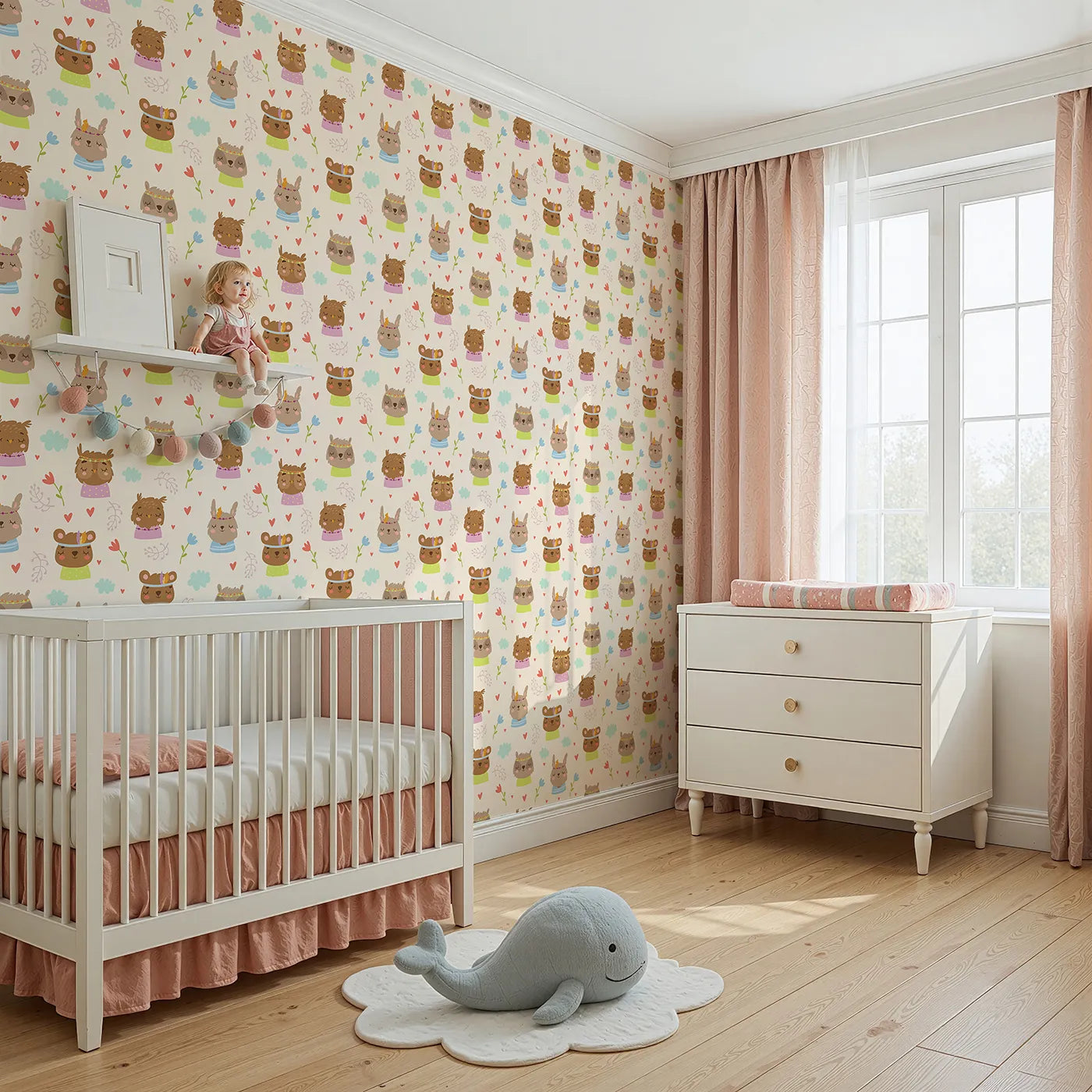Angled view of Whimsy Tots' Heart Bloom Critters Wallpaper in Cream (W3167C).Sweet animals, hearts and blooms share gentle smiles.