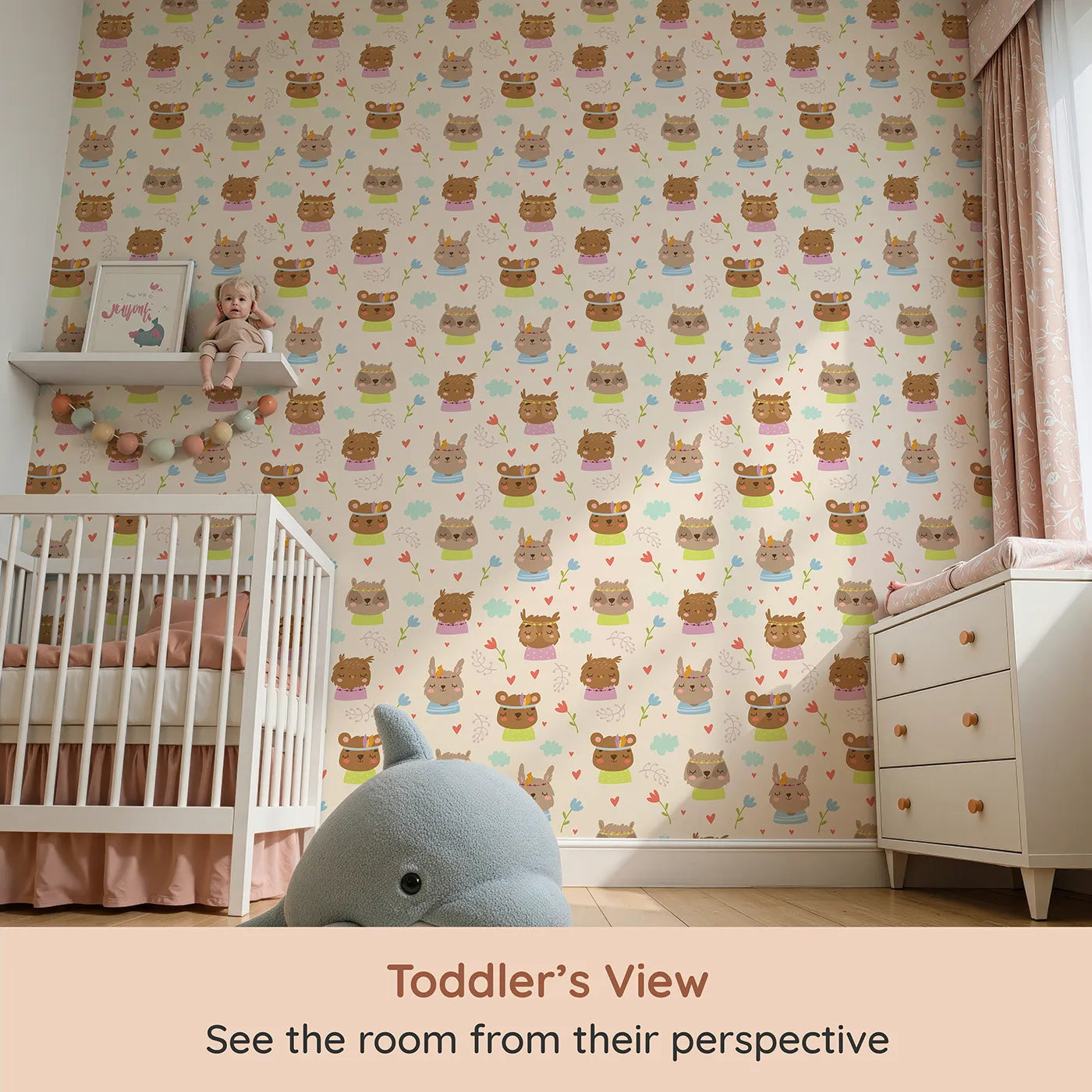 Whimsy Tots Heart Bloom Critters Wallpaper in Cream (W3167C) from your child's view.Sweet animals, hearts and blooms share gentle smiles.