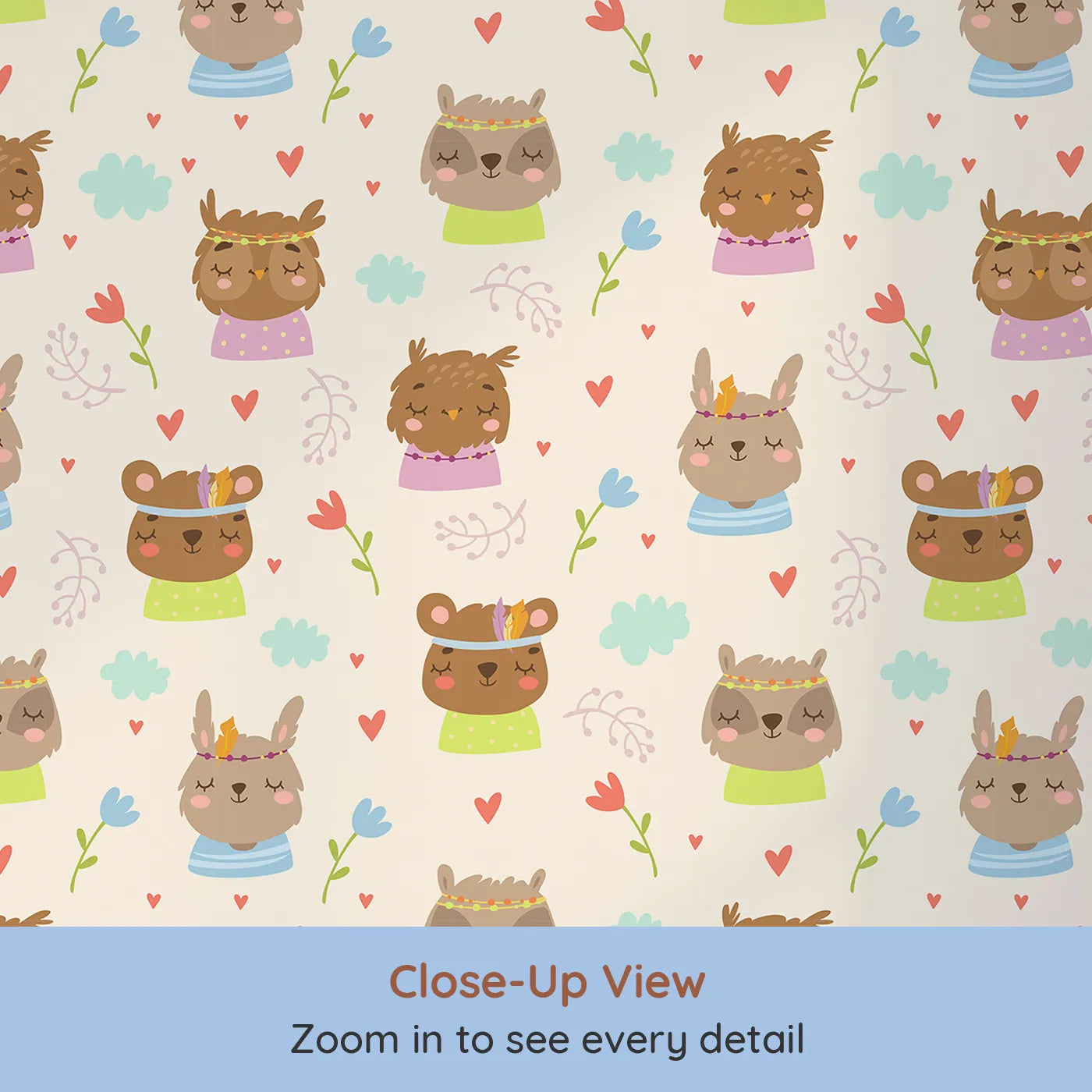 Close-up view of Whimsy Tots' Heart Bloom Critters Wallpaper in Cream (W3167C).Sweet animals, hearts and blooms share gentle smiles.