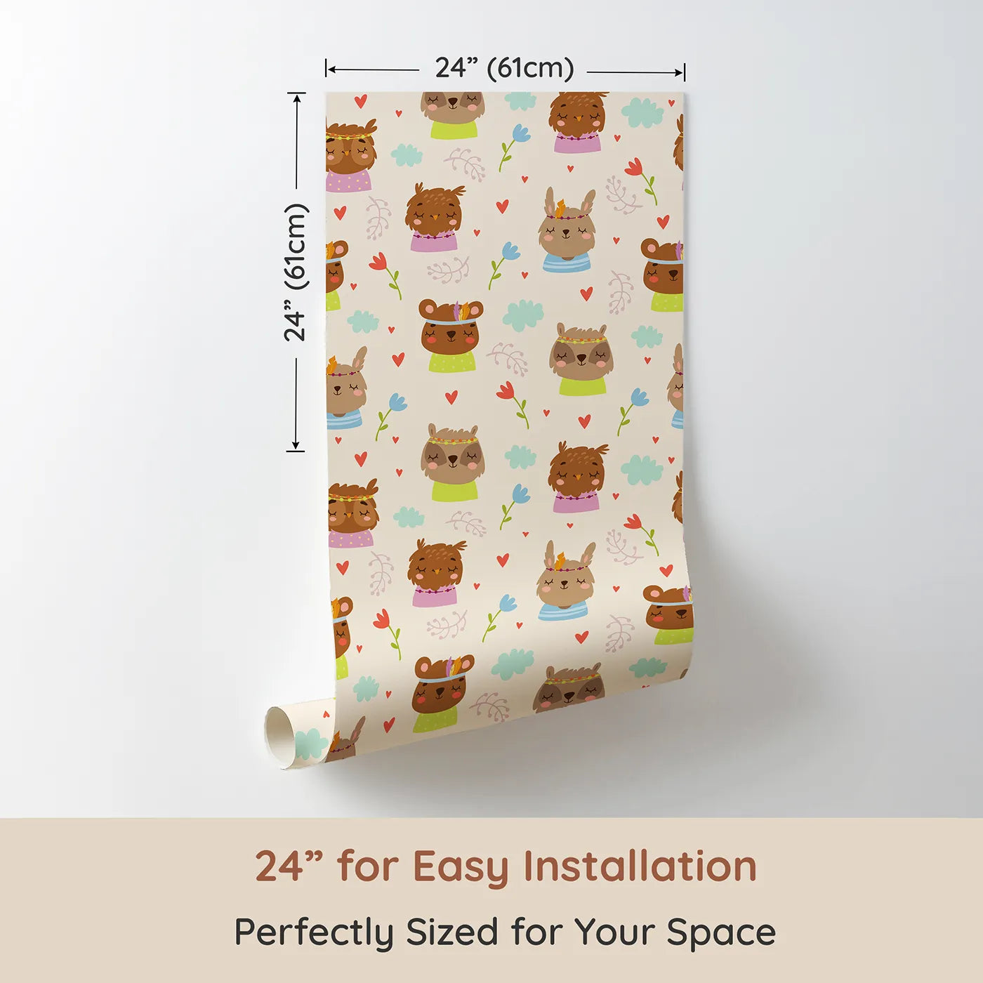 Dimension view of Whimsy Tots Heart Bloom Critters Wallpaper in Cream (W3167C). Printed in 24-inch-wide panel for easy installation. Sweet animals, hearts and blooms share gentle smiles.