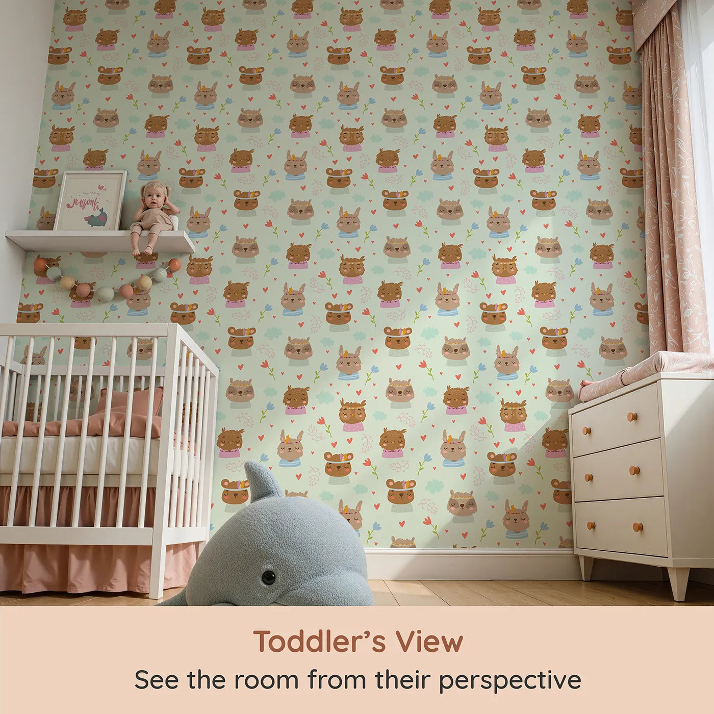 Whimsy Tots Heart Bloom Critters Wallpaper in Mint Green (W3167D) from your child's view.Sweet animals, hearts and blooms share gentle smiles.