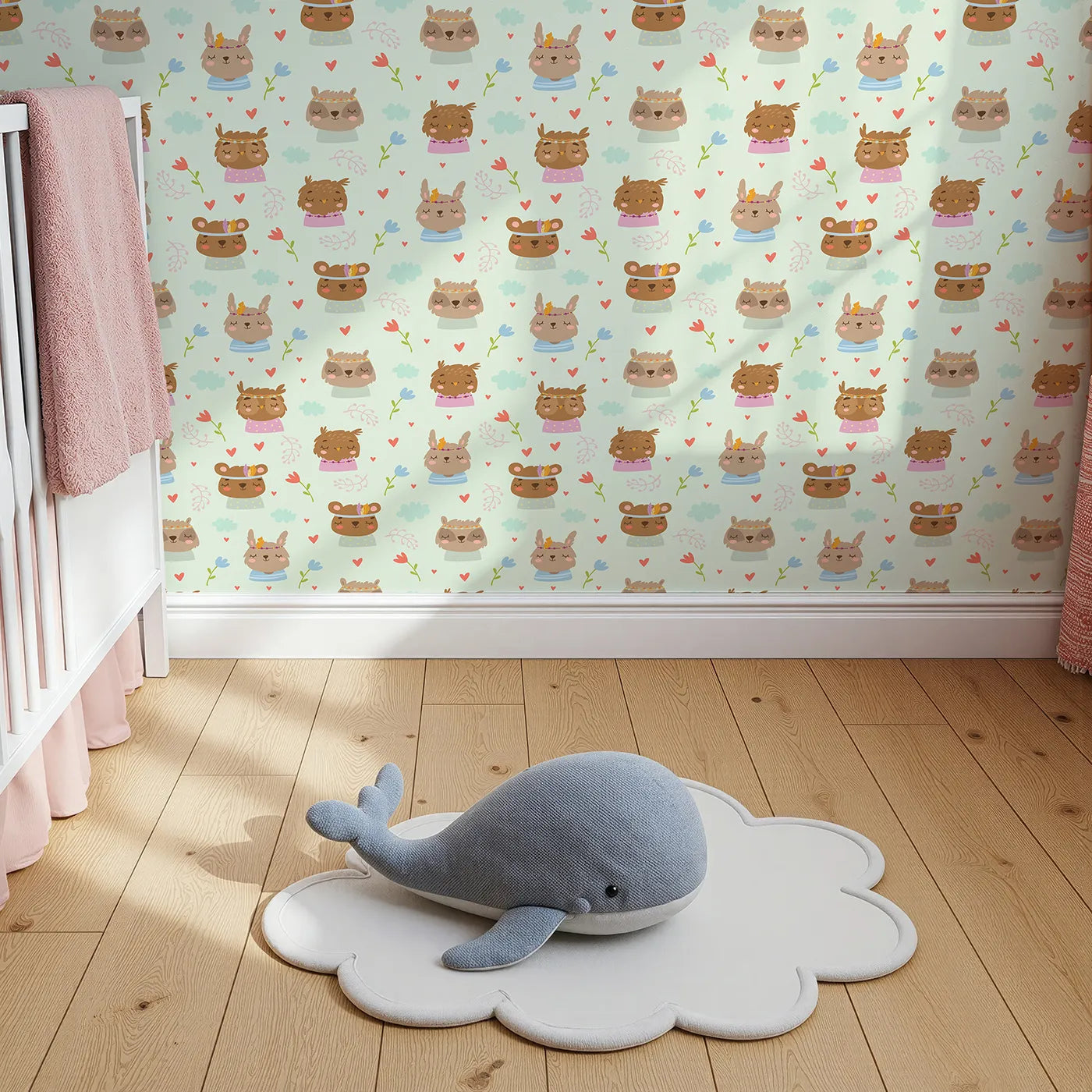 Top-Down view of Whimsy Tots' Heart Bloom Critters Wallpaper in Mint Green (W3167D).Sweet animals, hearts and blooms share gentle smiles.