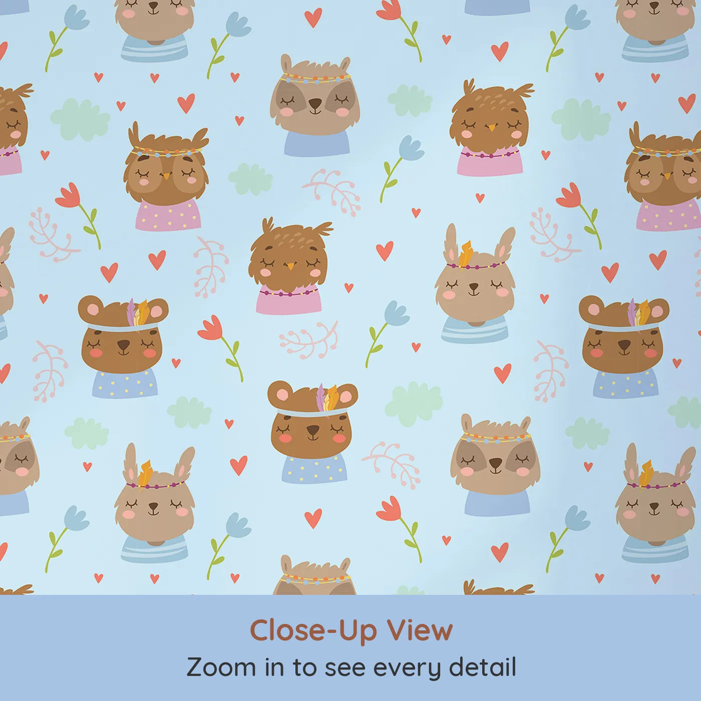 Close-up view of Whimsy Tots' Heart Bloom Critters Wallpaper in Blue (W3167E).Sweet animals, hearts and blooms share gentle smiles.