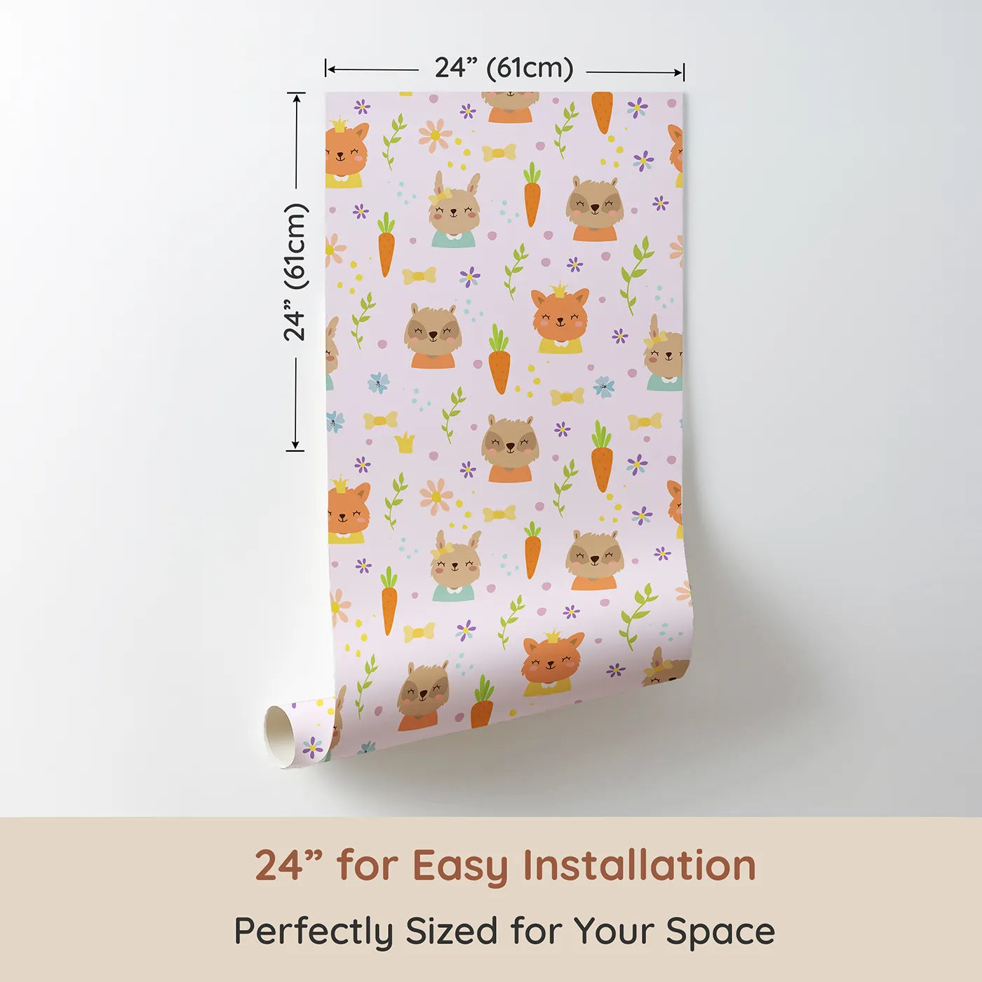 Dimension view of Whimsy Tots Meadow Crown Friends Wallpaper in Blush Pink (W3168A). Printed in 24-inch-wide panel for easy installation. Happy animals bloom with kindness, carrots, and tiny crowns.