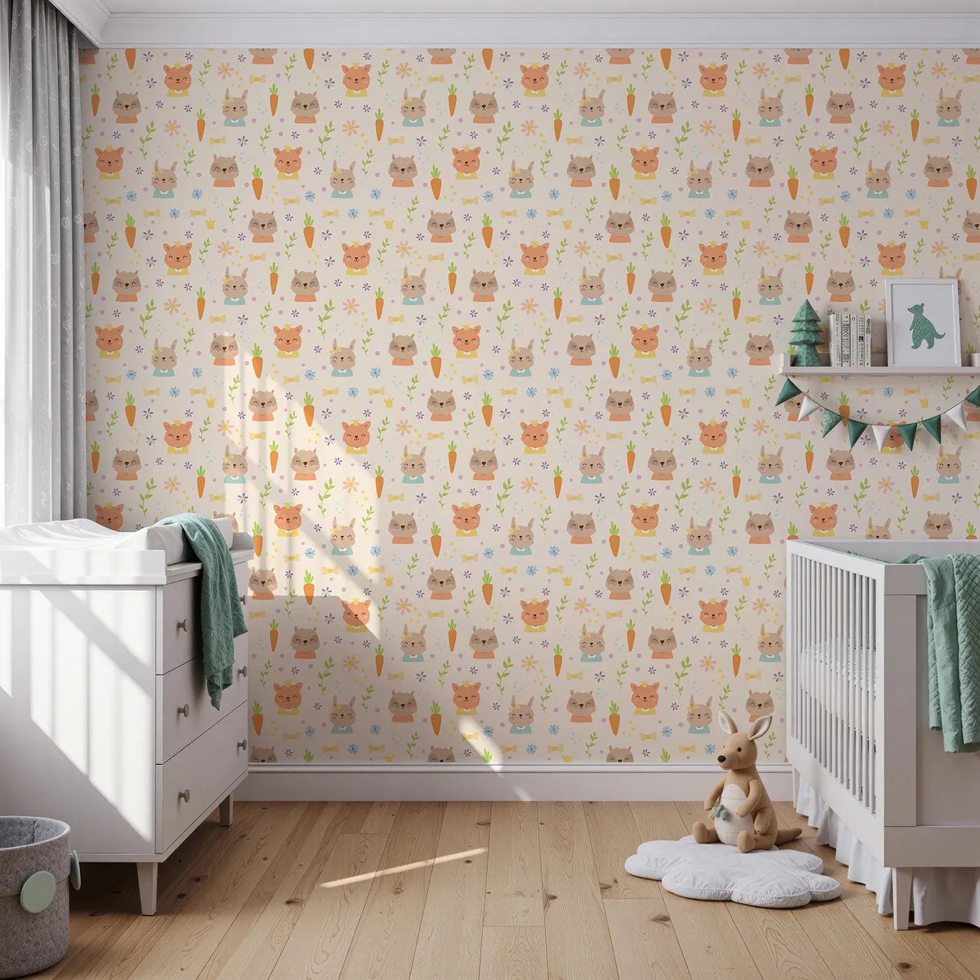 Front view of Whimsy Tots' Meadow Crown Friends Wallpaper in Cream