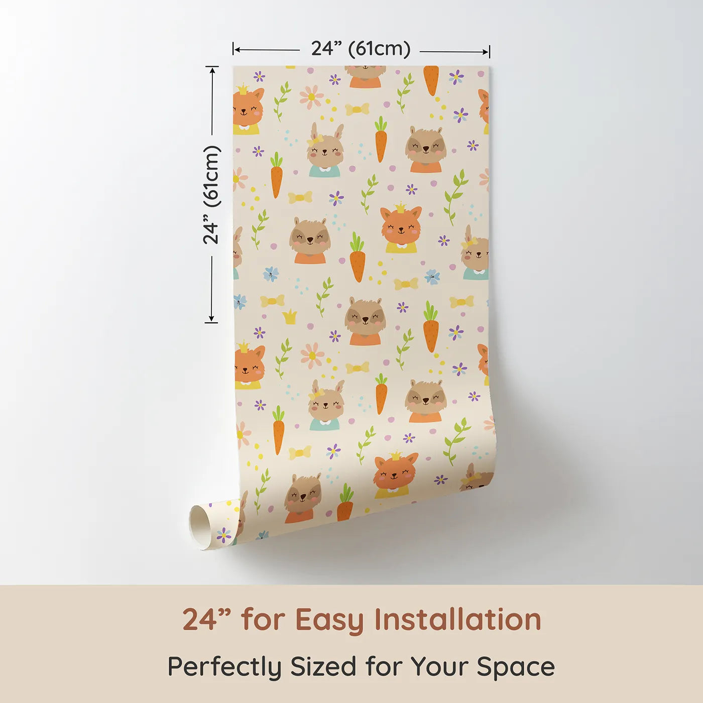 Dimension view of Whimsy Tots Meadow Crown Friends Wallpaper in Cream (W3168B). Printed in 24-inch-wide panel for easy installation. Crowned critters and carrots bloom across a cozy cream meadow.