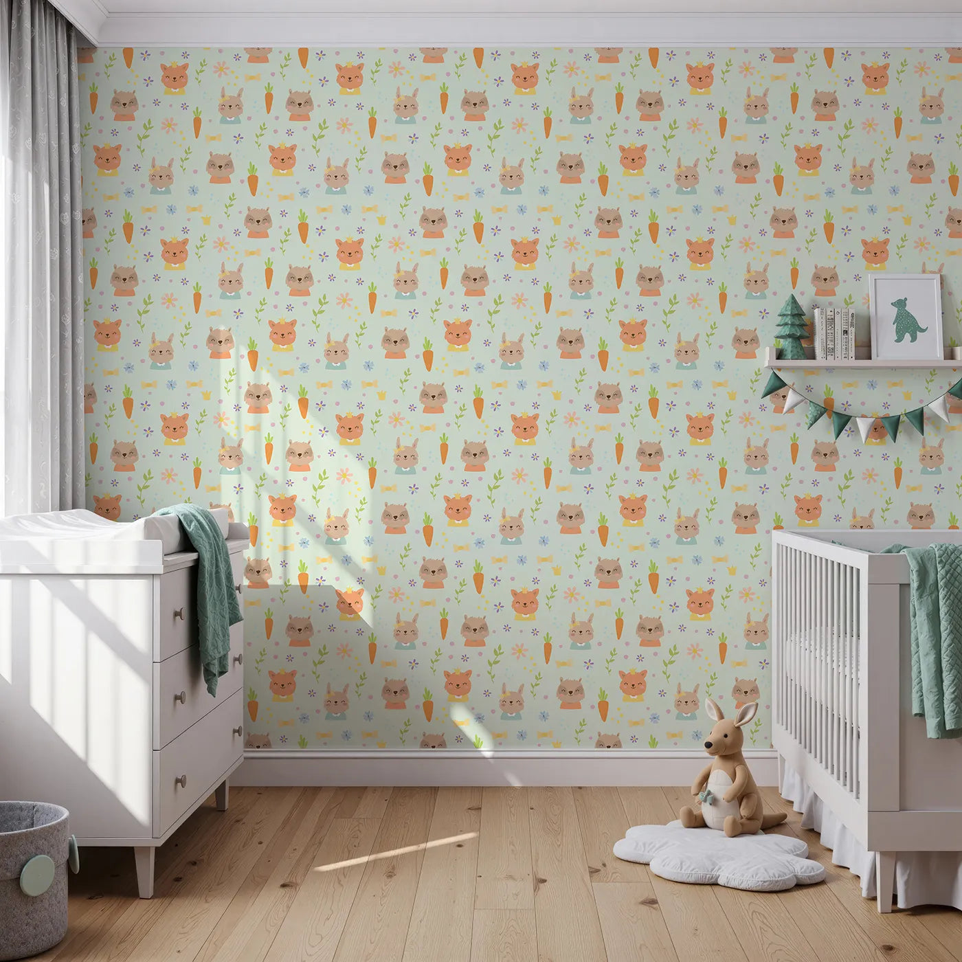 Front view of Whimsy Tots' Meadow Crown Friends Wallpaper in Mint Green
