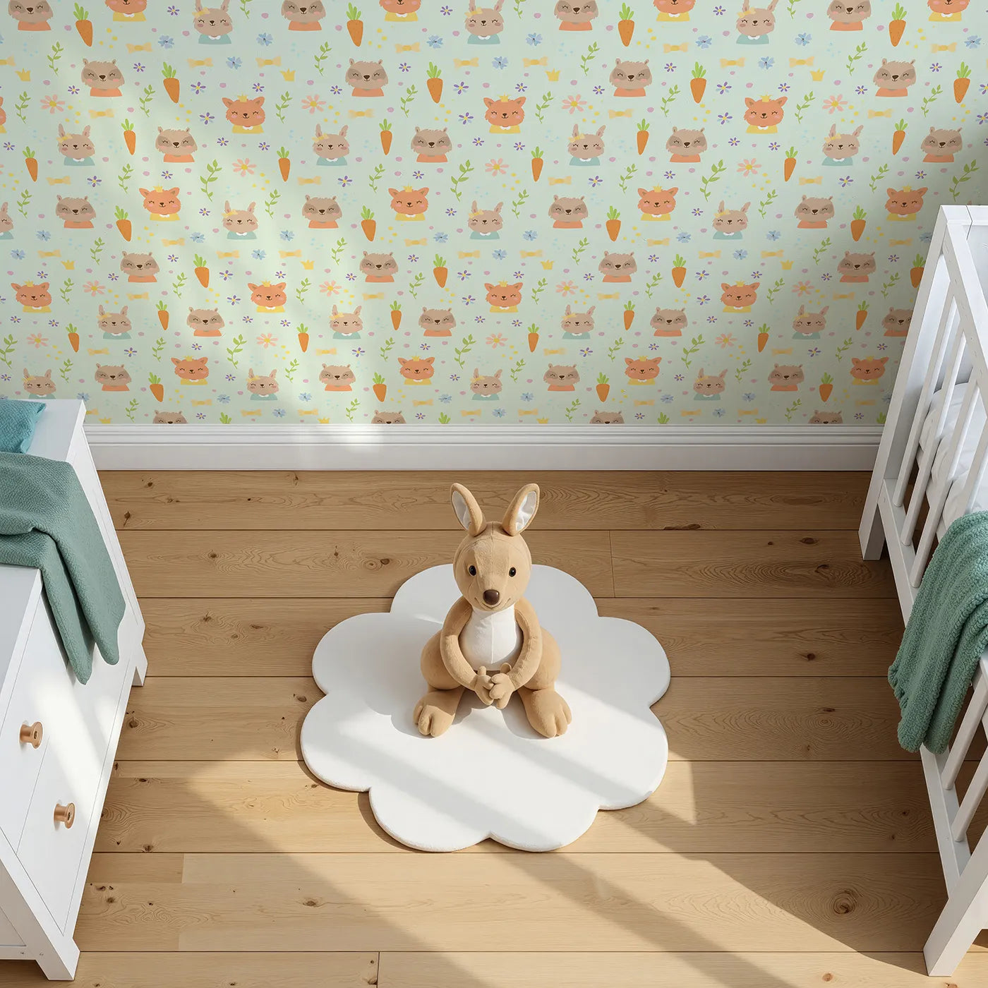 Top-Down view of Whimsy Tots' Meadow Crown Friends Wallpaper in Mint Green (W3168C).Woodland royalty plays among carrots, crowns, and minty green cheer.