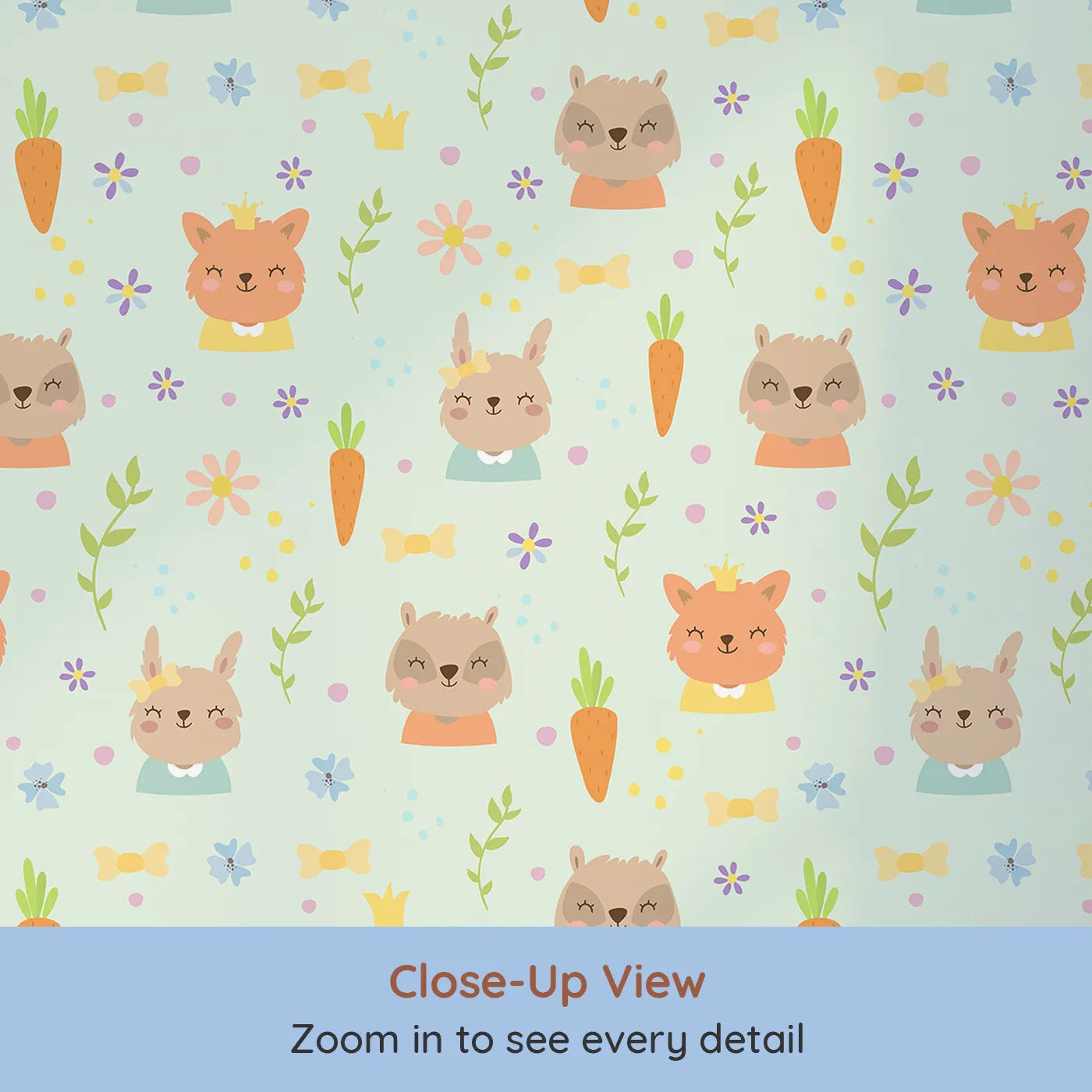 Close-up view of Whimsy Tots' Meadow Crown Friends Wallpaper in Mint Green (W3168C).Woodland royalty plays among carrots, crowns, and minty green cheer.