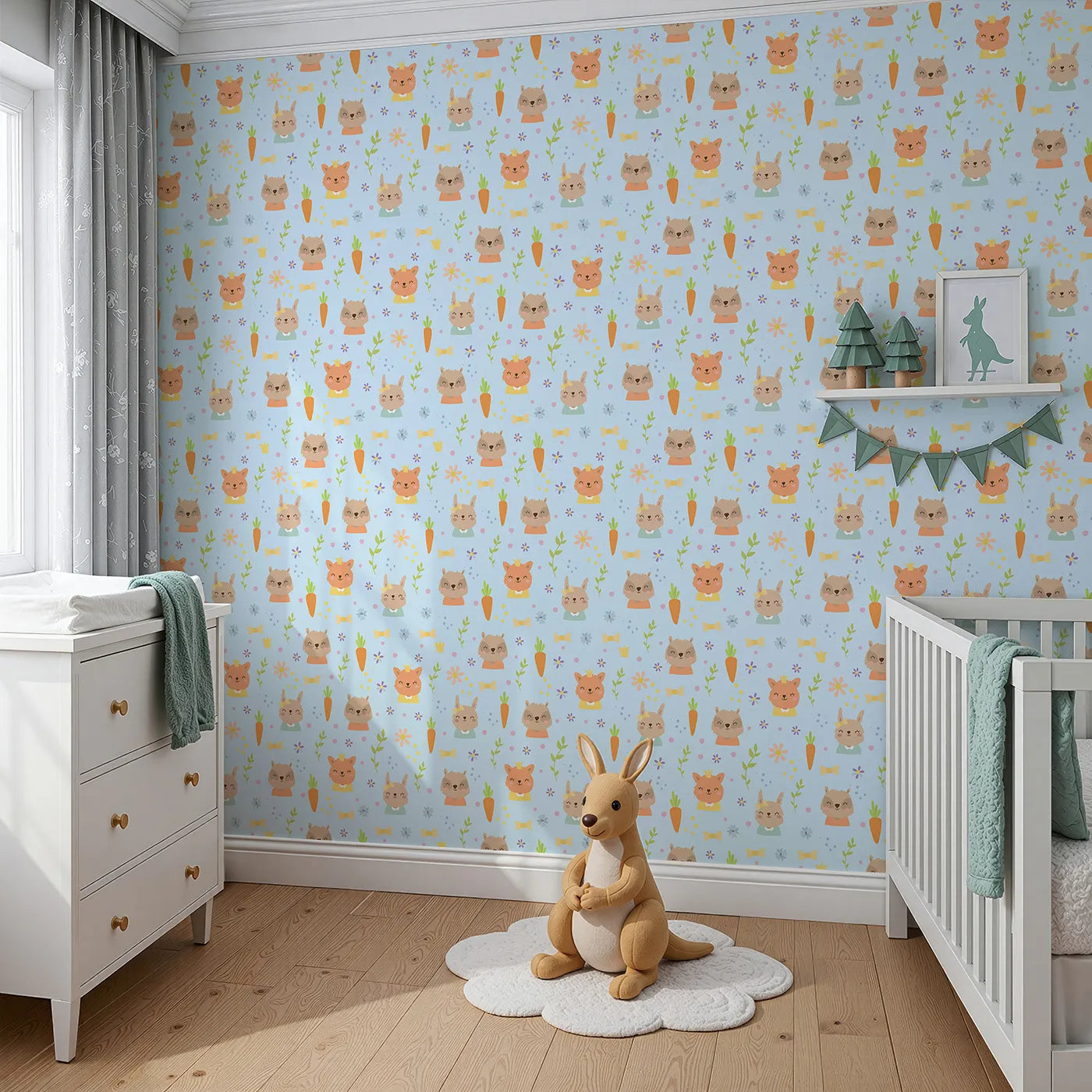 Angled view of Whimsy Tots' Meadow Crown Friends Wallpaper in Blue (W3168D).Royal forest friends bloom under a cheerful blue sky.
