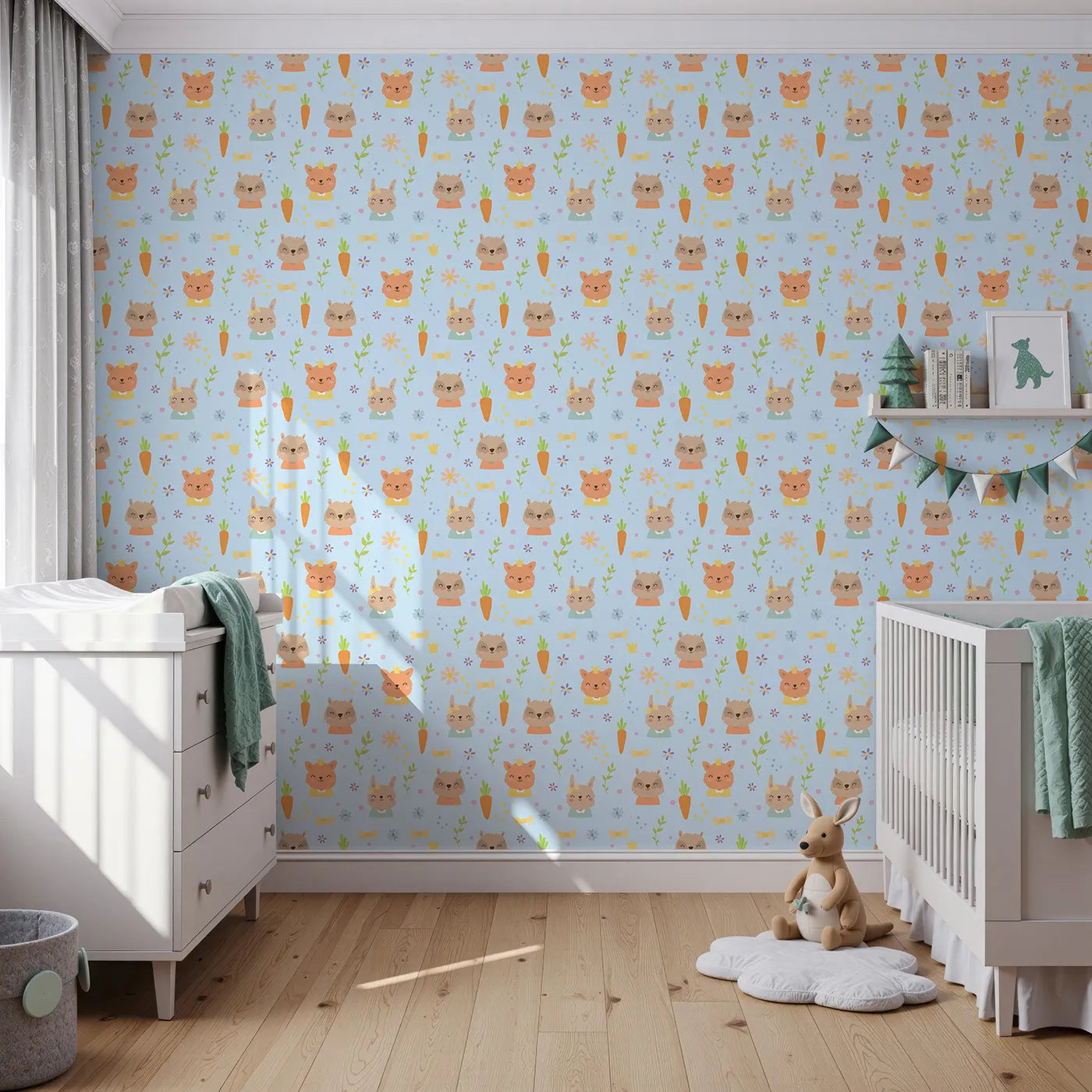 Front view of Whimsy Tots' Meadow Crown Friends Wallpaper in Blue